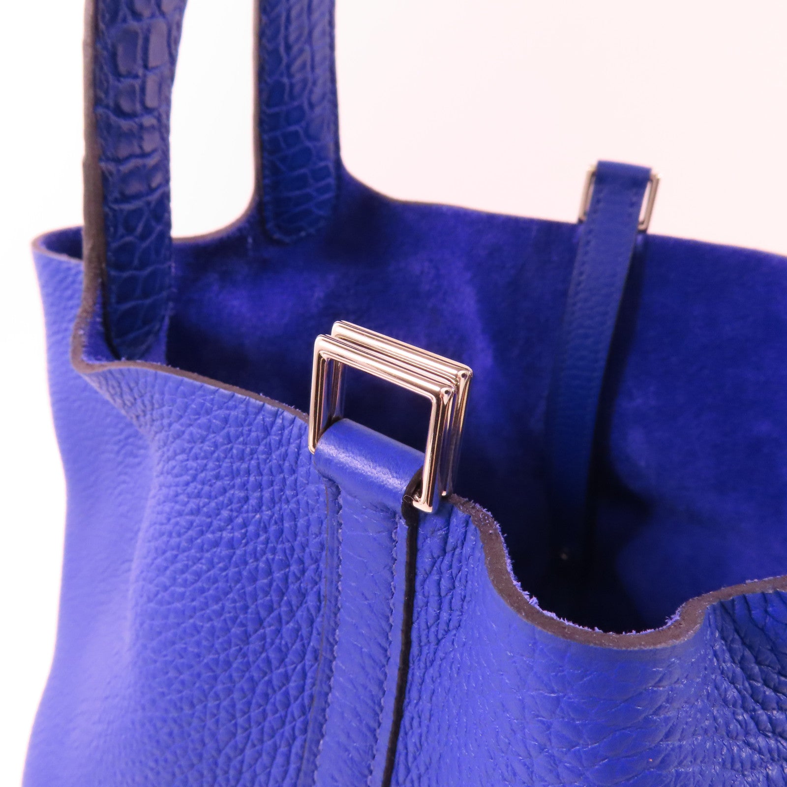 HERMES Clemence皮革/鱷魚皮革Picotin MM Touch銀扣手挽袋7T Bleu Electrique