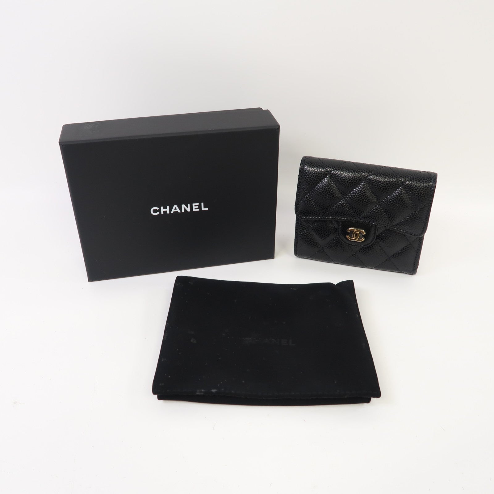 CHANEL 菱格牛皮皮革Wallet金扣錢包黑色