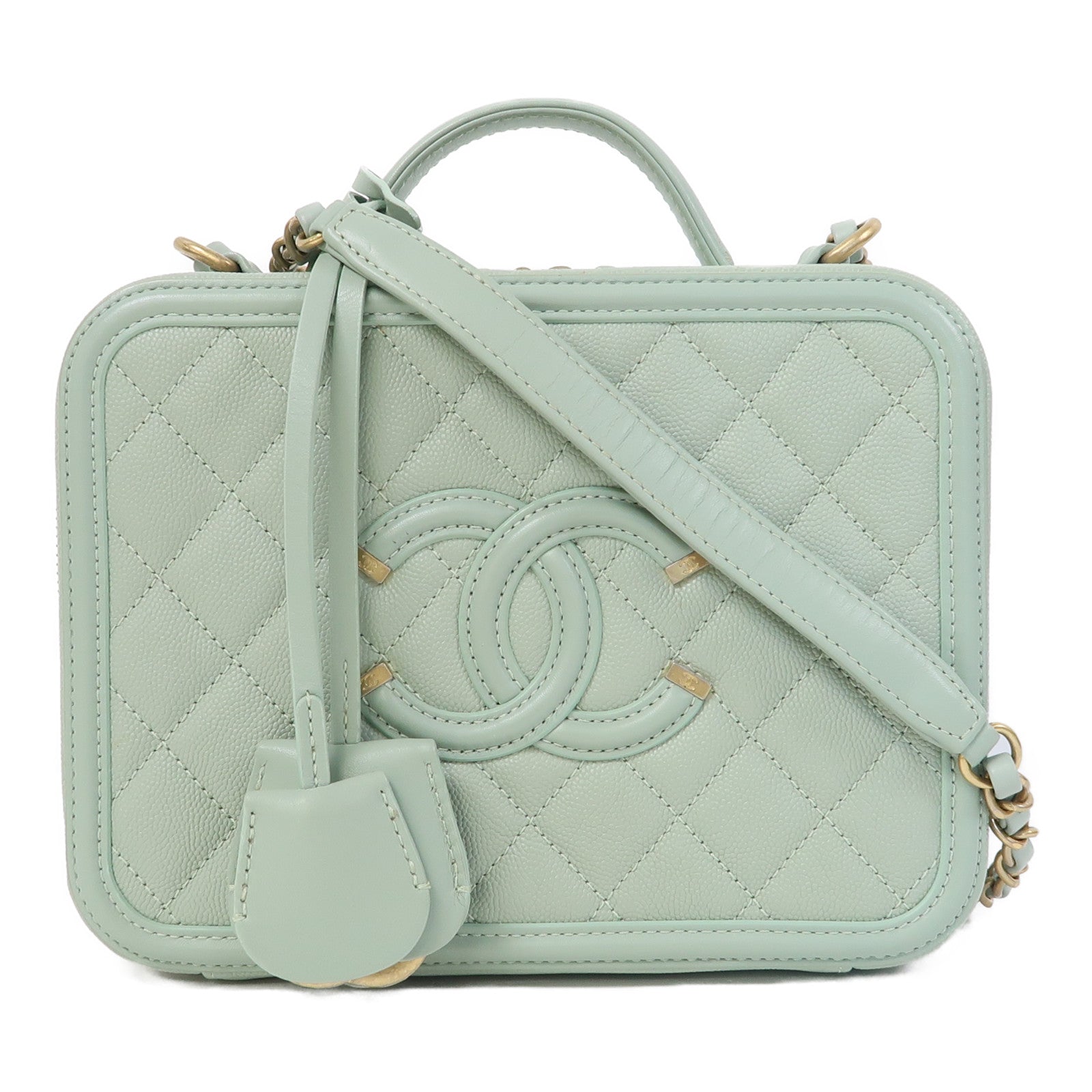 CHANEL 【激減優惠】菱格Caviar皮革Vanity Case金扣手挽鏈帶肩背兩用袋綠色