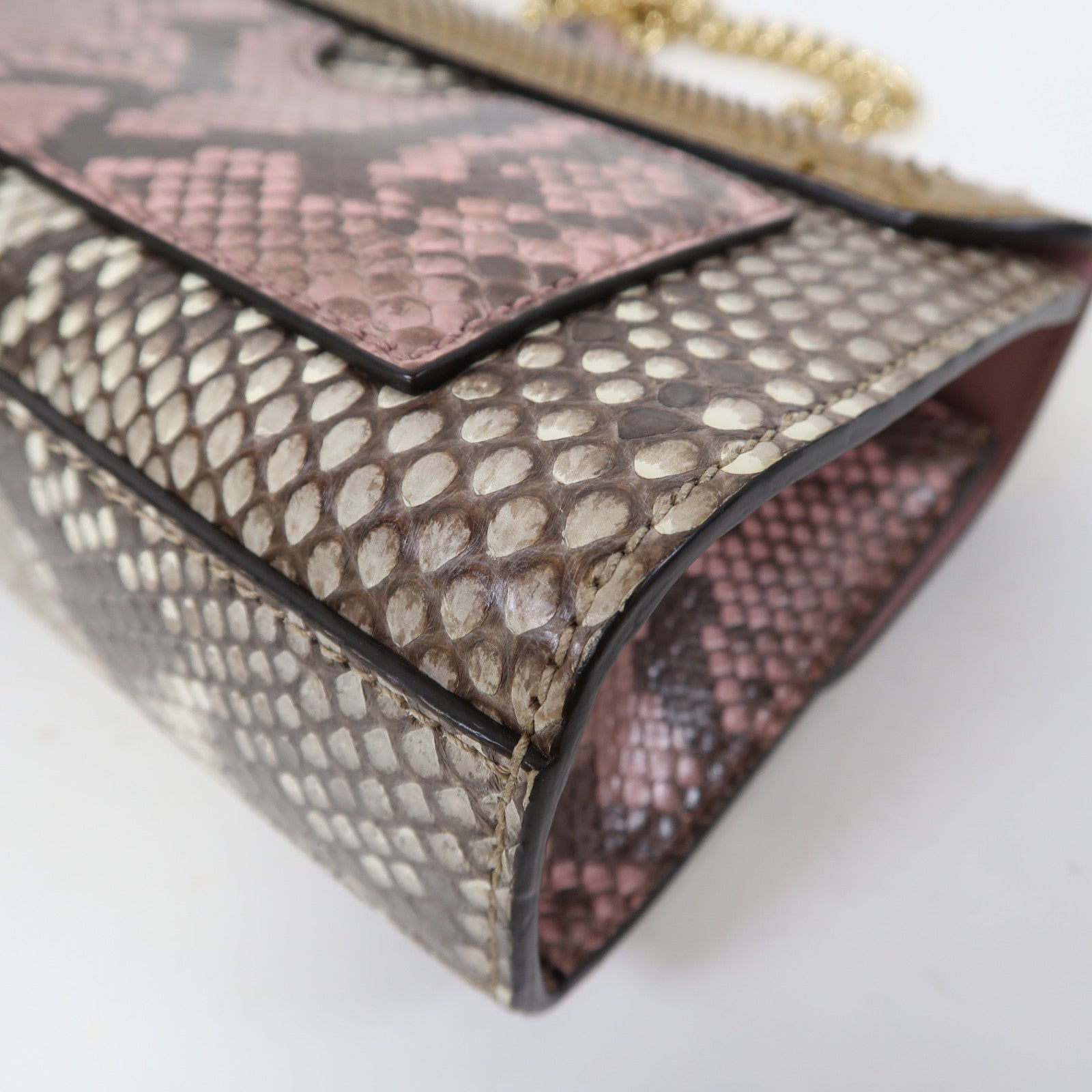 GUCCI 蛇皮皮革Shoulder Bag金扣鏈帶肩背袋金色/啡色/粉紅色