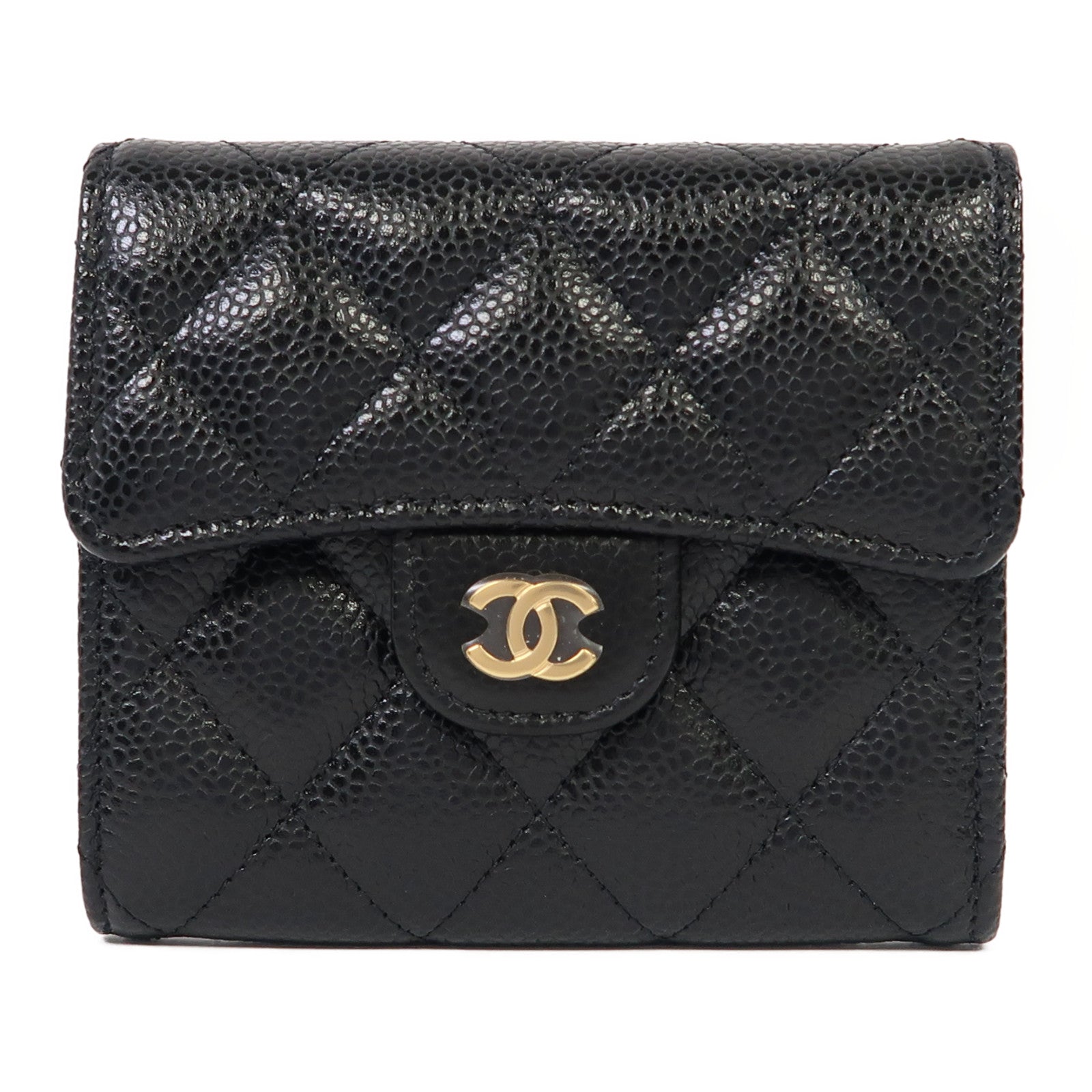 CHANEL 菱格牛皮皮革Wallet金扣錢包黑色