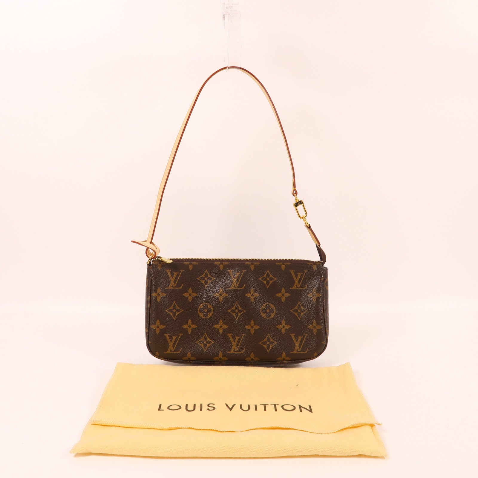 LOUIS VUITTON Monogram Pochette Accessoires金扣手挽袋棕色