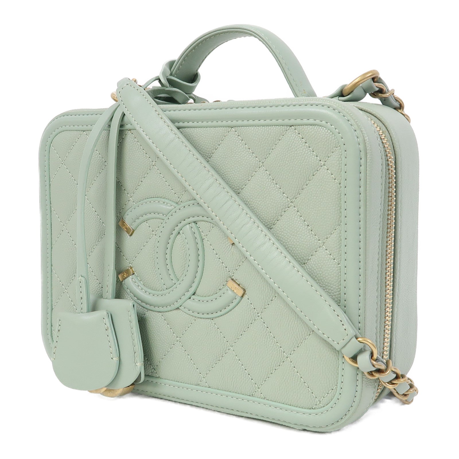 CHANEL 【激減優惠】菱格Caviar皮革Vanity Case金扣手挽鏈帶肩背兩用袋綠色
