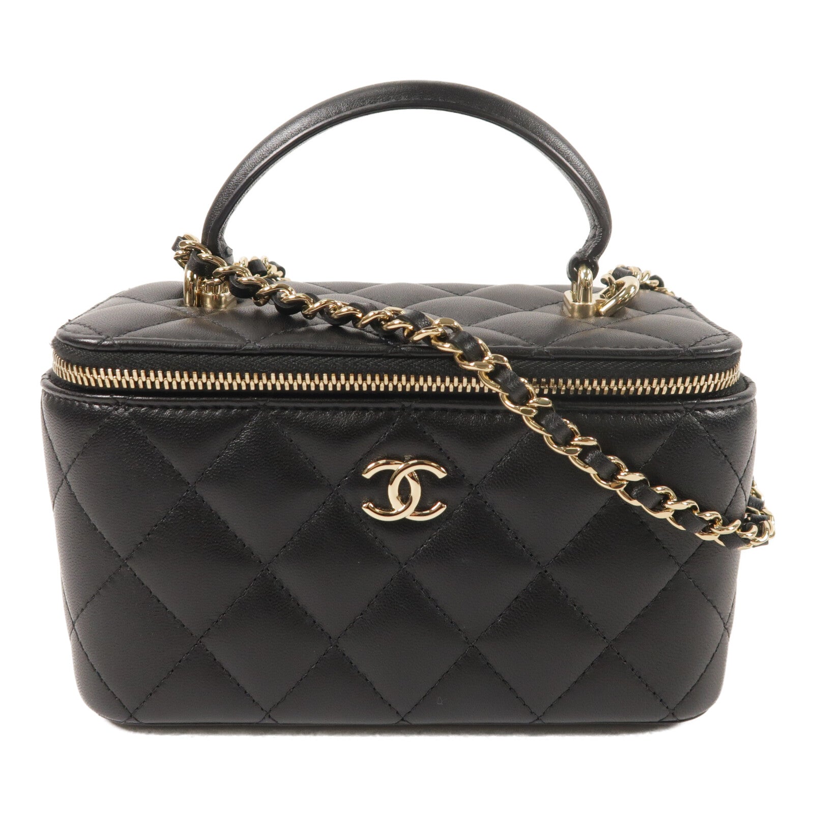 CHANEL 羊皮皮革Top Handle Vanity Case金扣鏈帶手挽肩背兩用袋