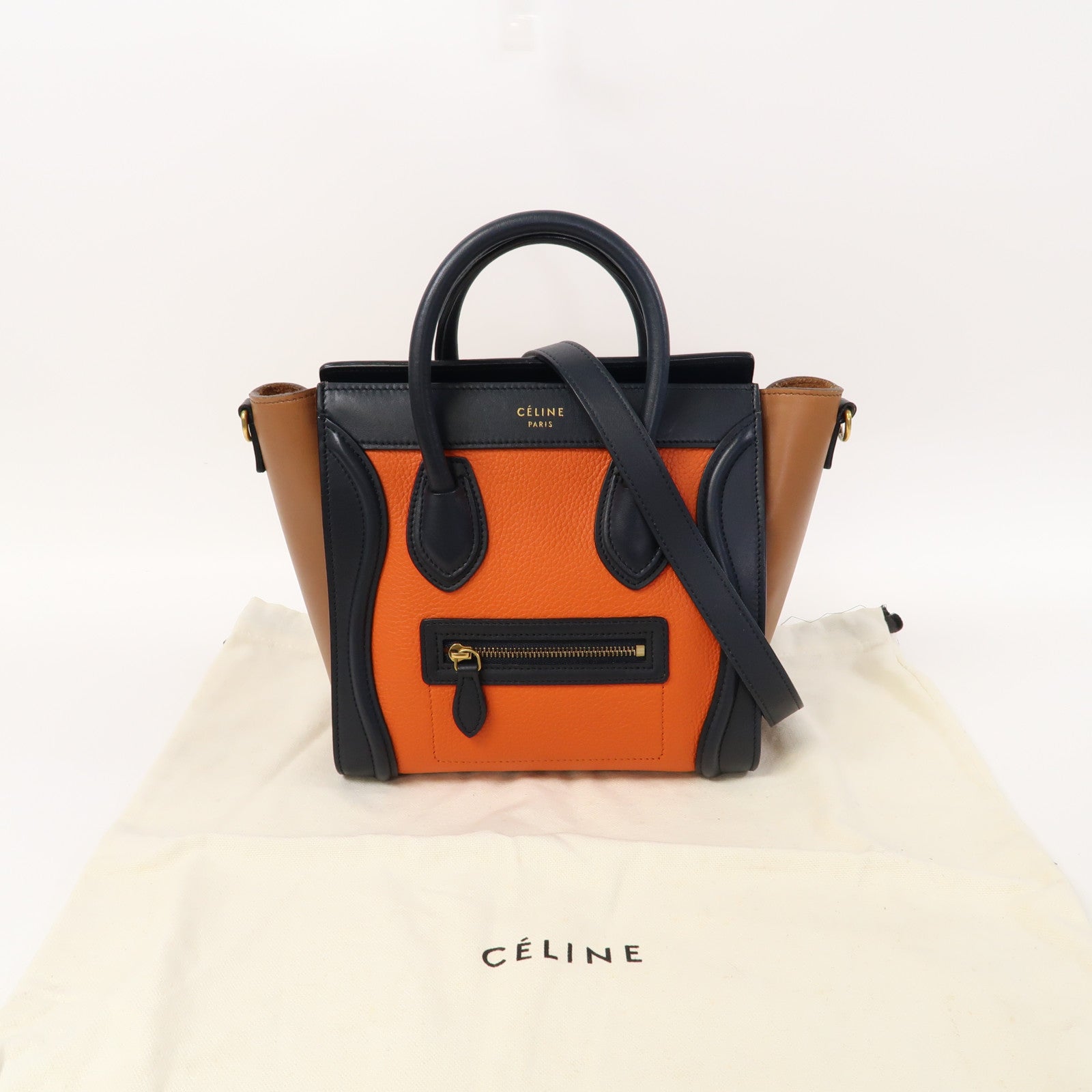 CELINE 牛皮皮革Luggage金扣手挽肩背兩用袋橙色/深藍色/啡色