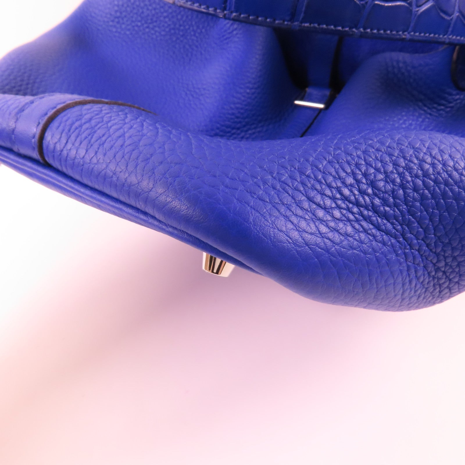 HERMES Clemence皮革/鱷魚皮革Picotin MM Touch銀扣手挽袋7T Bleu Electrique