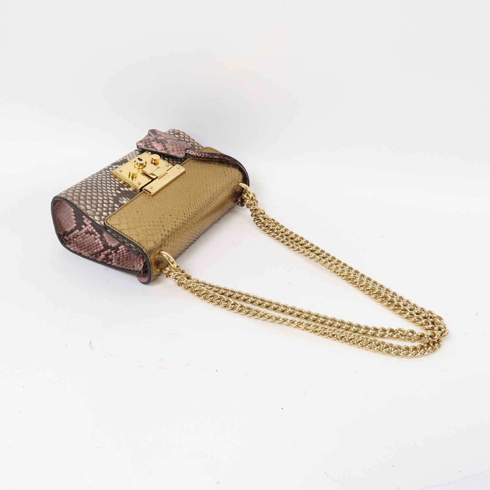 GUCCI 蛇皮皮革Shoulder Bag金扣鏈帶肩背袋金色/啡色/粉紅色