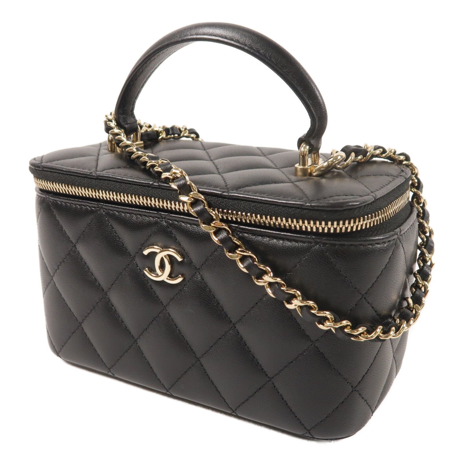 CHANEL 羊皮皮革Top Handle Vanity Case金扣鏈帶手挽肩背兩用袋