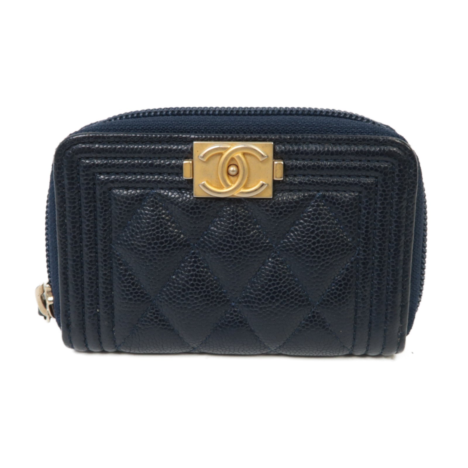 CHANEL 【激減優惠】菱格Caviar皮革Boy Coin Purse金扣零錢包深藍色
