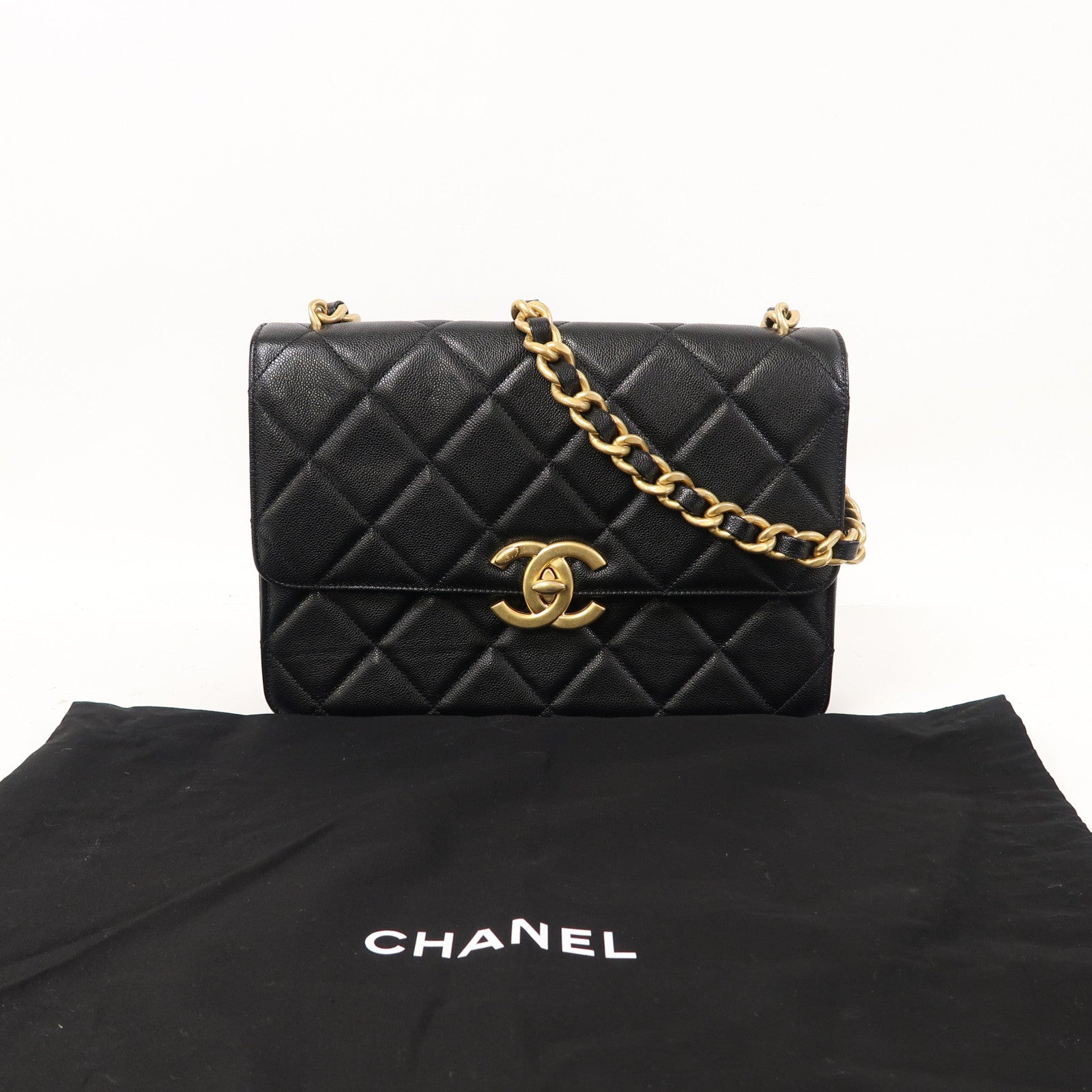 CHANEL 菱格牛皮皮革Shoulder Bag金扣鏈帶肩背袋黑色