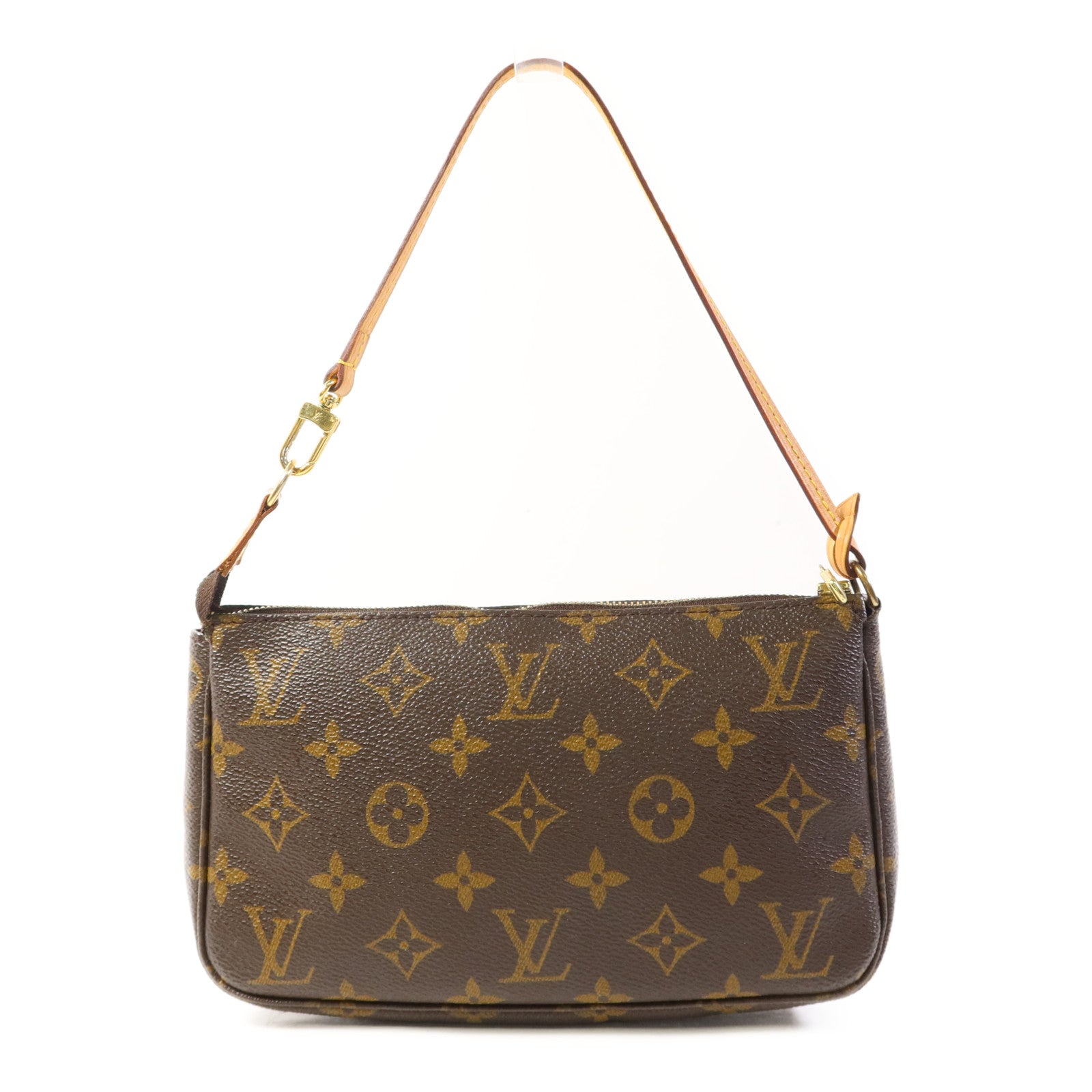 LOUIS VUITTON Monogram Pochette Accessoires金扣手挽袋棕色