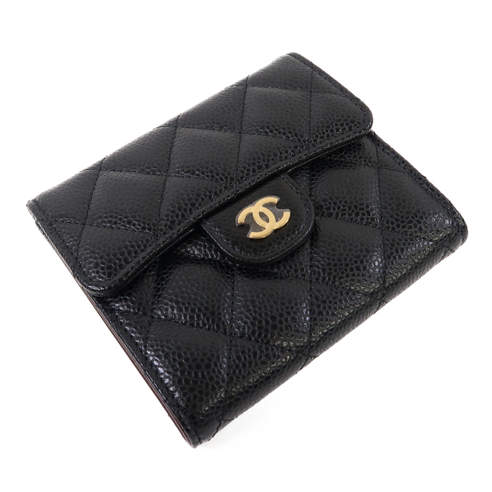 CHANEL 菱格牛皮皮革Wallet金扣錢包黑色