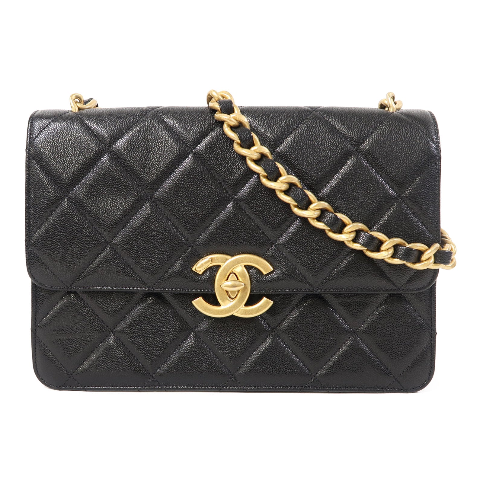 CHANEL 菱格牛皮皮革Shoulder Bag金扣鏈帶肩背袋黑色