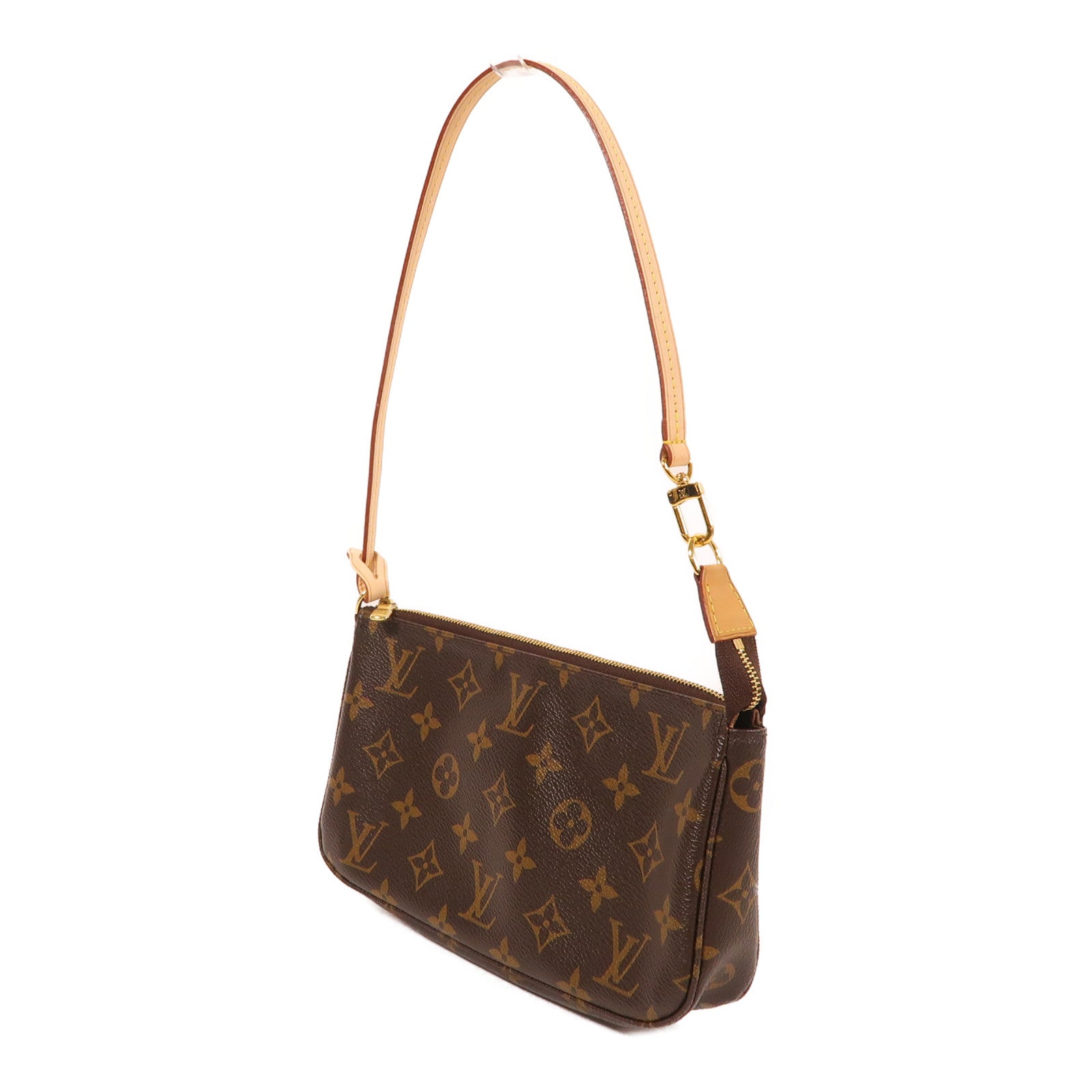 LOUIS VUITTON Monogram Pochette Accessoires金扣手挽袋棕色