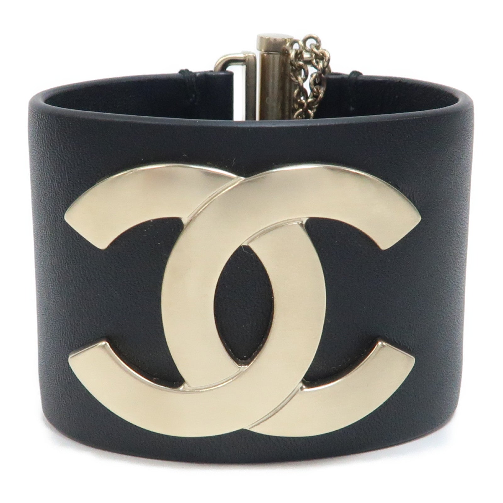 CHANEL 牛皮皮革Bangle銀扣手鐲黑色
