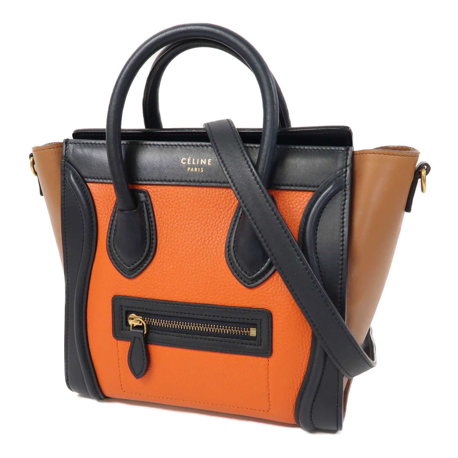 CELINE 牛皮皮革Luggage金扣手挽肩背兩用袋橙色/深藍色/啡色