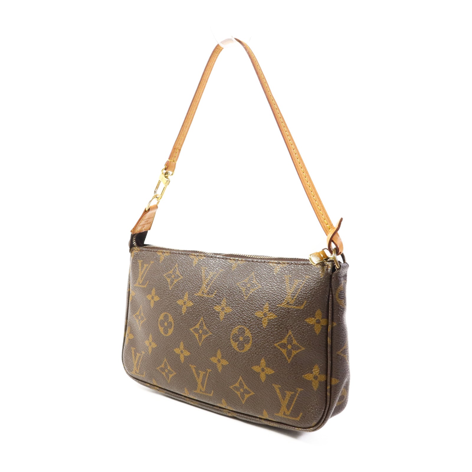 LOUIS VUITTON Monogram Pochette Accessoires金扣手挽袋棕色