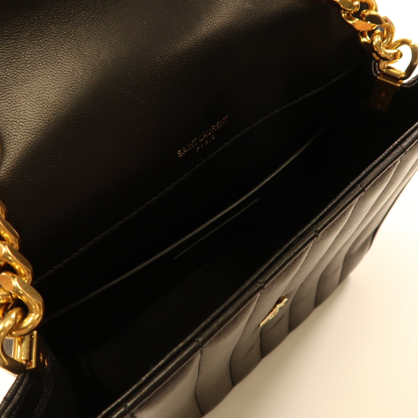 SAINT LAURENT 羊皮皮革Vicky金扣鏈帶肩背袋黑色