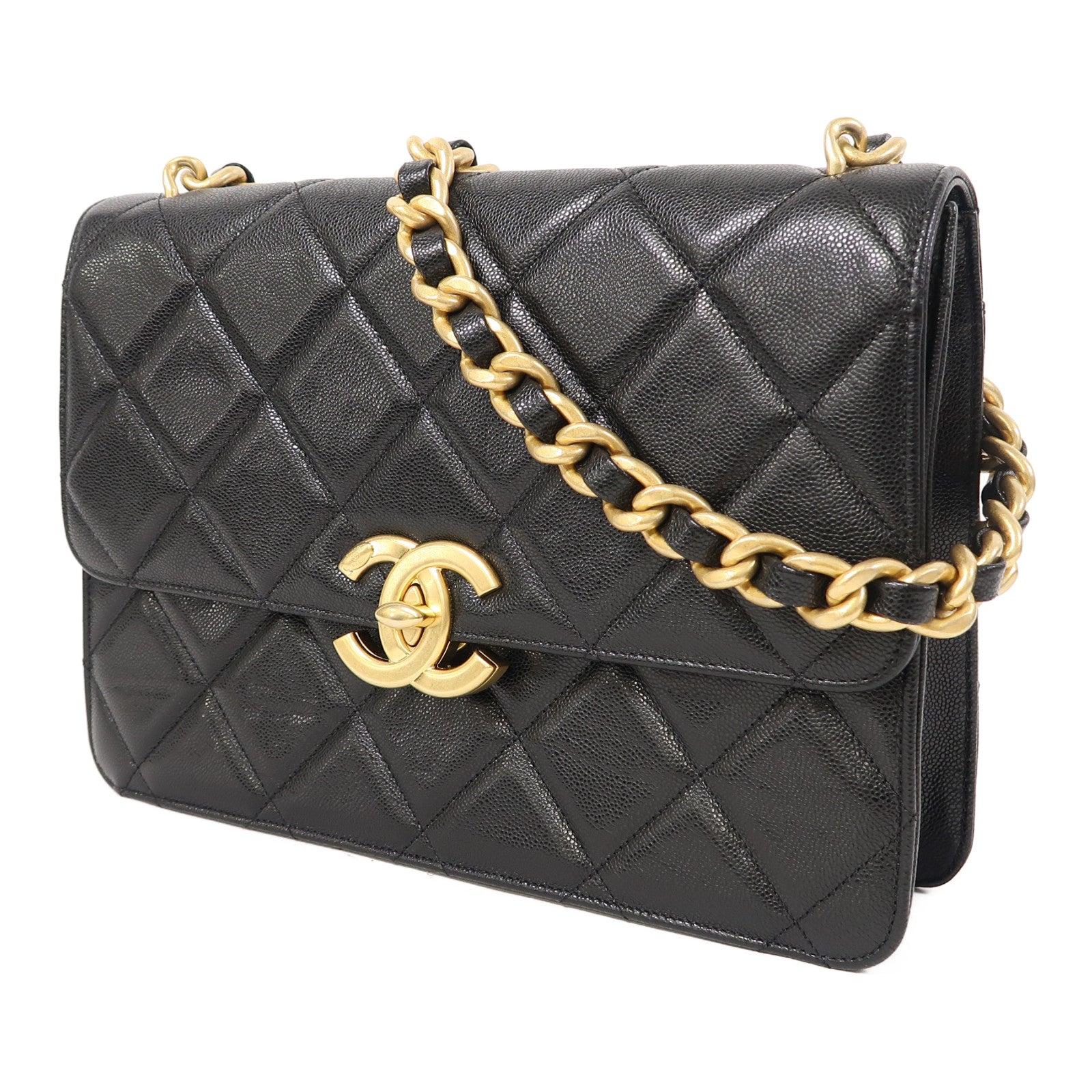 CHANEL 菱格牛皮皮革Shoulder Bag金扣鏈帶肩背袋黑色