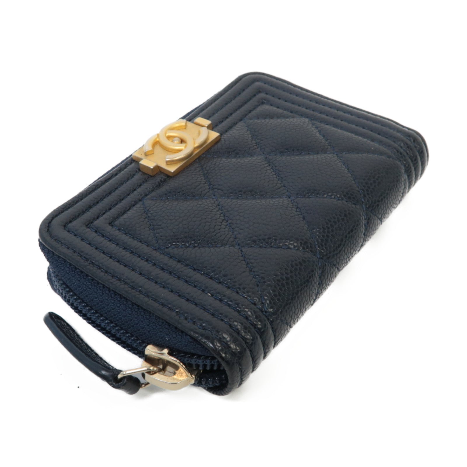 CHANEL 【激減優惠】菱格Caviar皮革Boy Coin Purse金扣零錢包深藍色