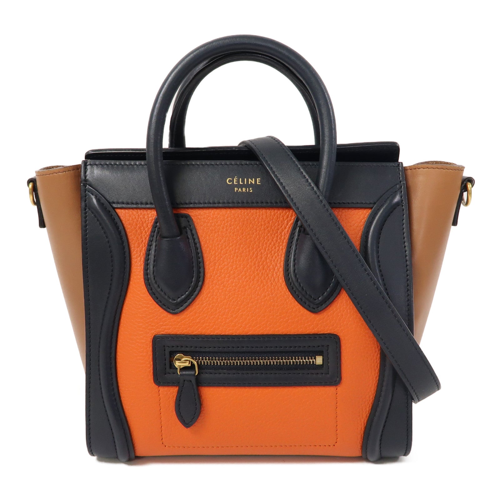 CELINE 牛皮皮革Luggage金扣手挽肩背兩用袋橙色/深藍色/啡色