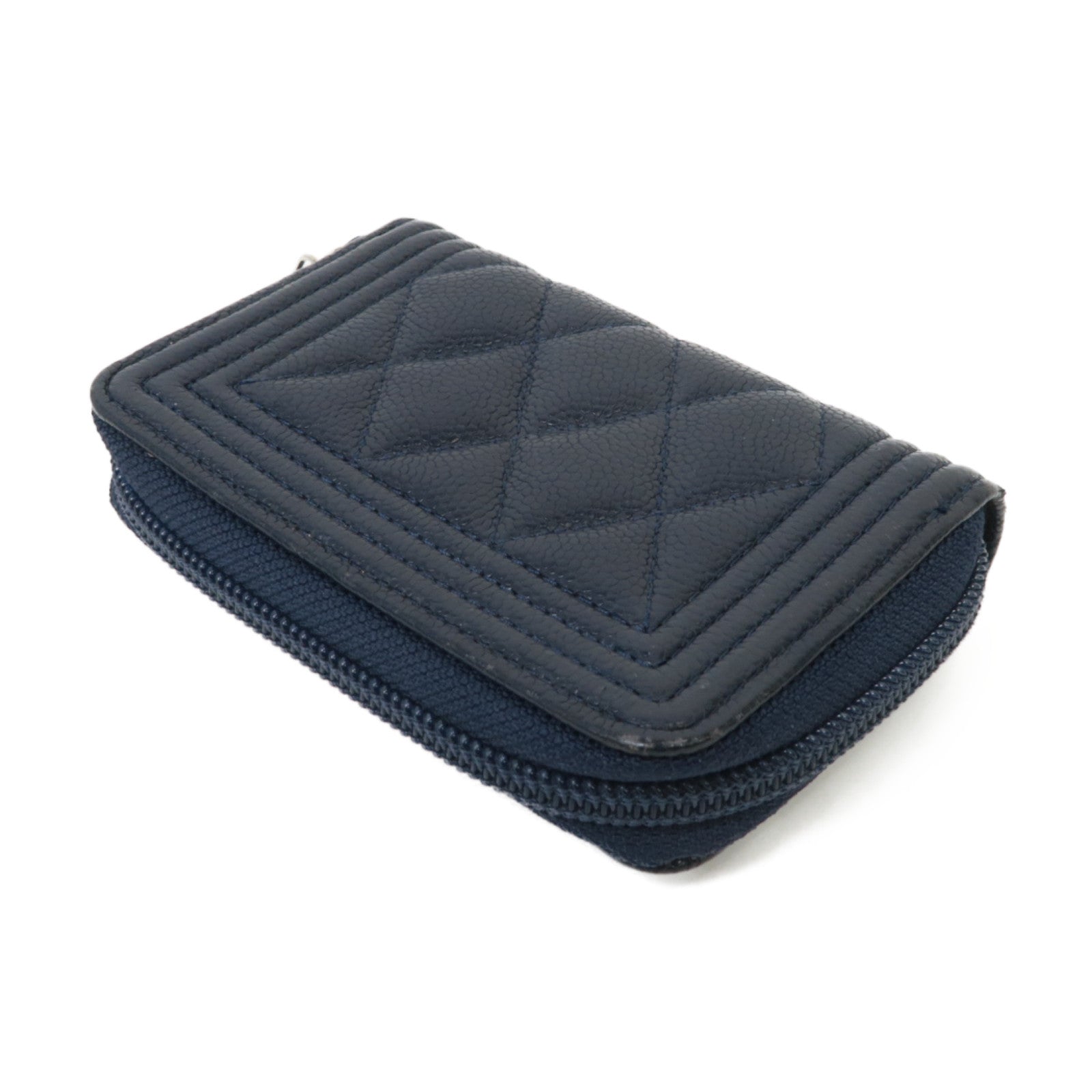 CHANEL 【激減優惠】菱格Caviar皮革Boy Coin Purse金扣零錢包深藍色