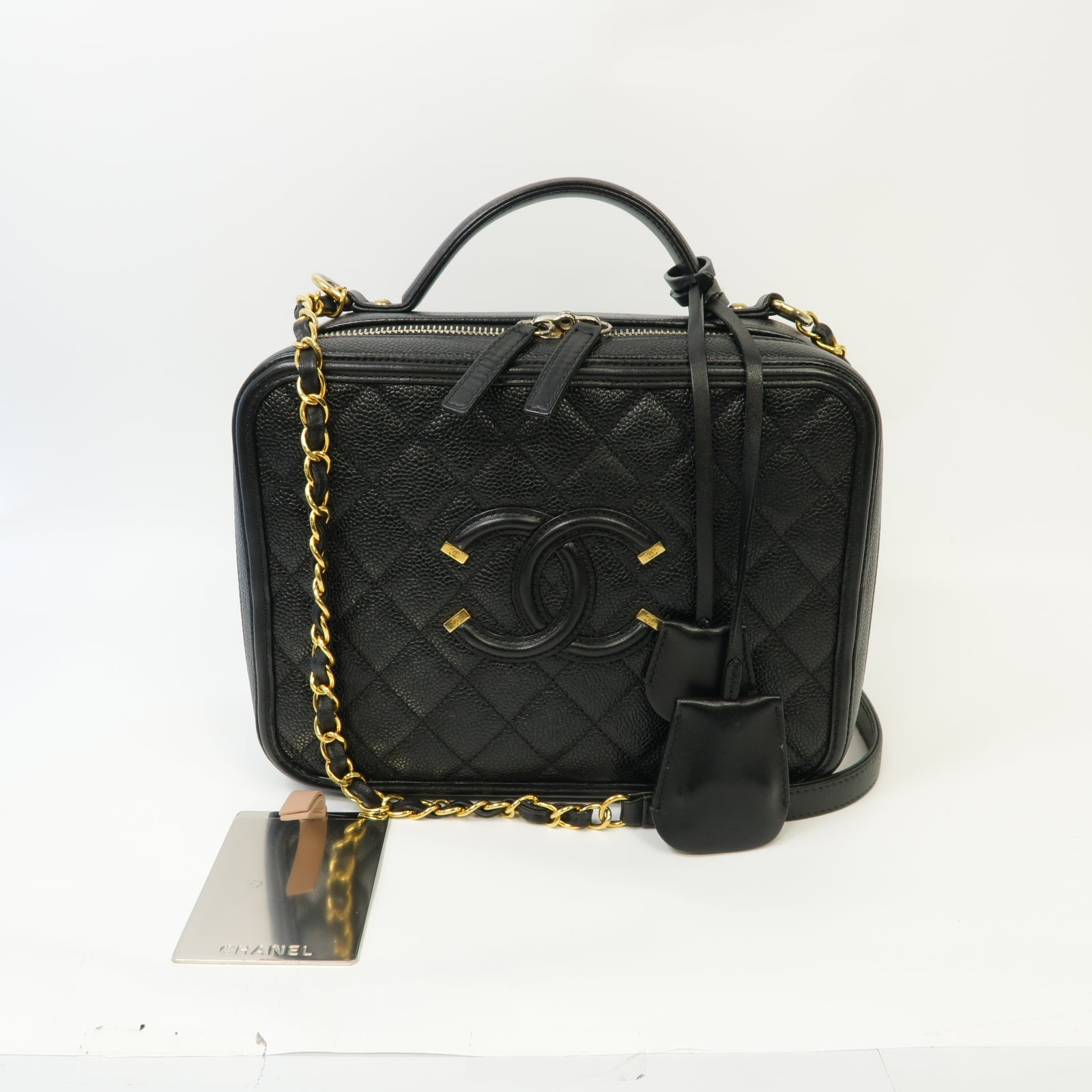 CHANEL 菱格Caviar皮革Filigree Vanity Case金扣手挽肩背兩用袋黑色