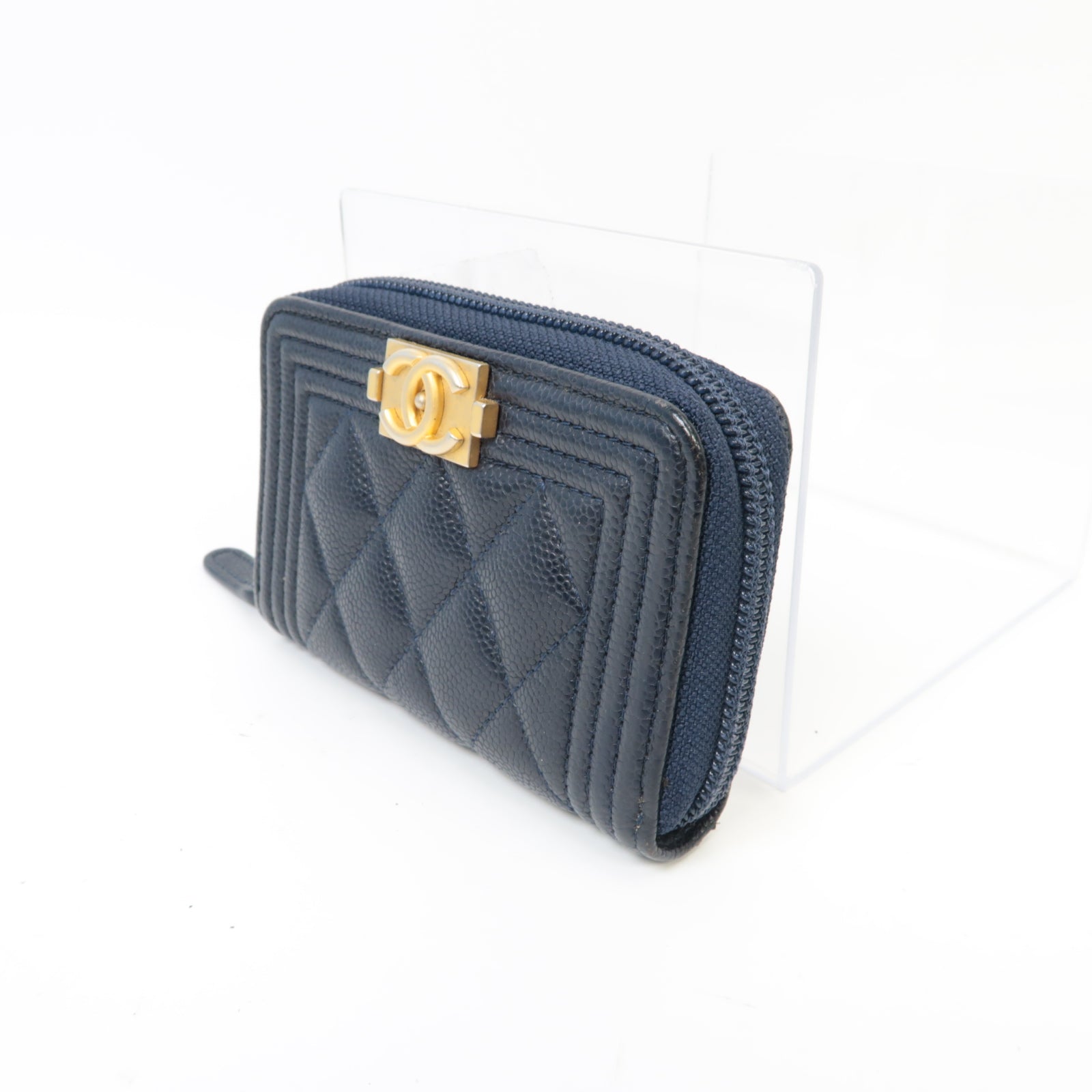 CHANEL 【激減優惠】菱格Caviar皮革Boy Coin Purse金扣零錢包深藍色