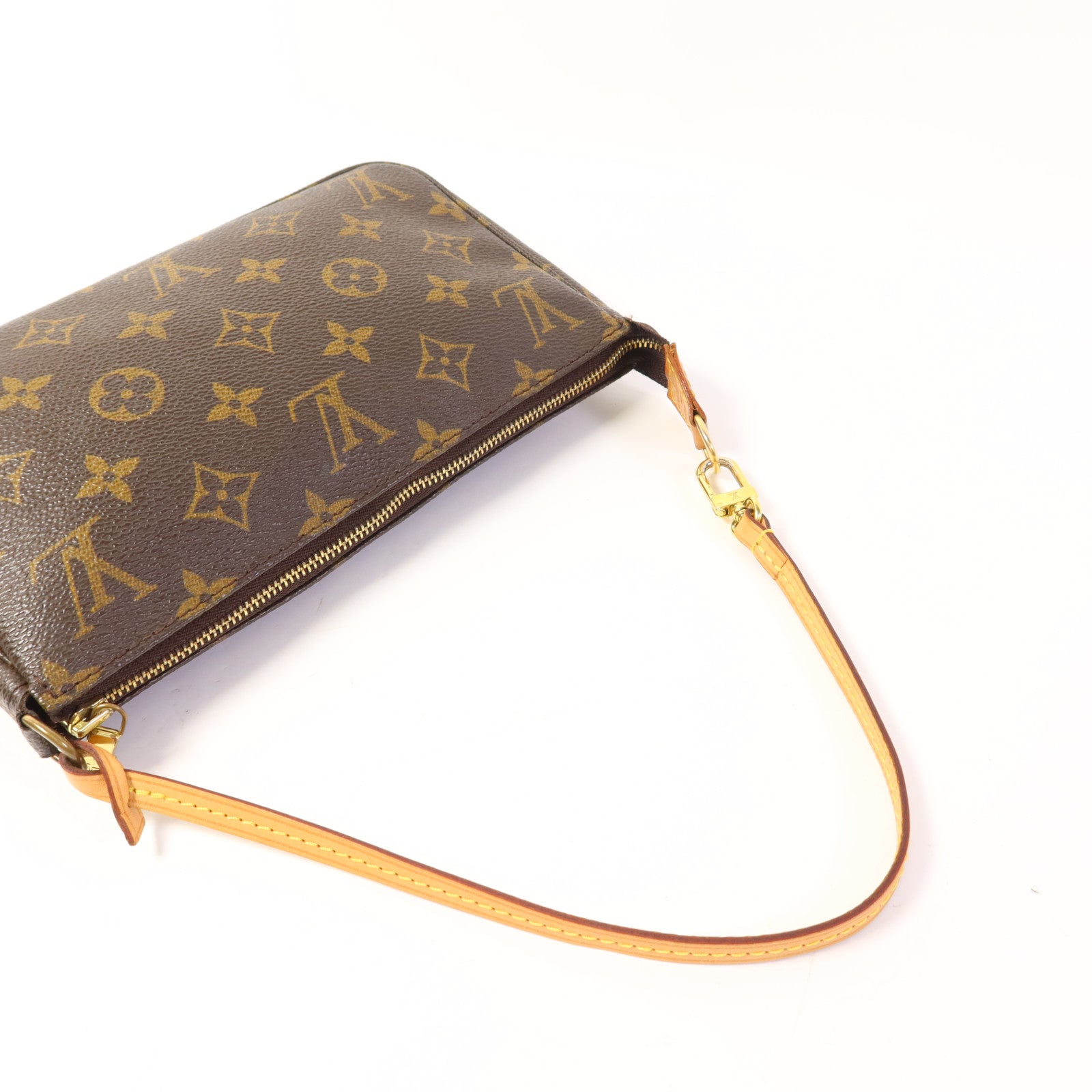 LOUIS VUITTON Monogram Pochette Accessoires金扣手挽袋棕色