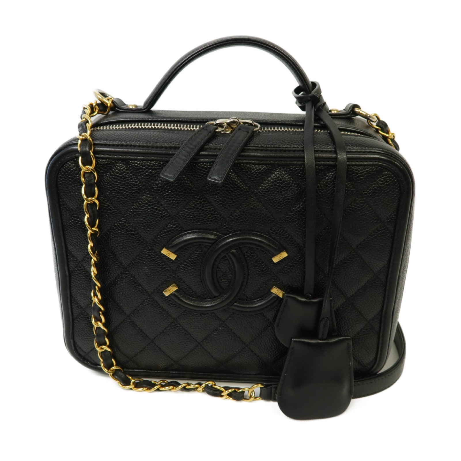 CHANEL 菱格Caviar皮革Filigree Vanity Case金扣手挽肩背兩用袋黑色