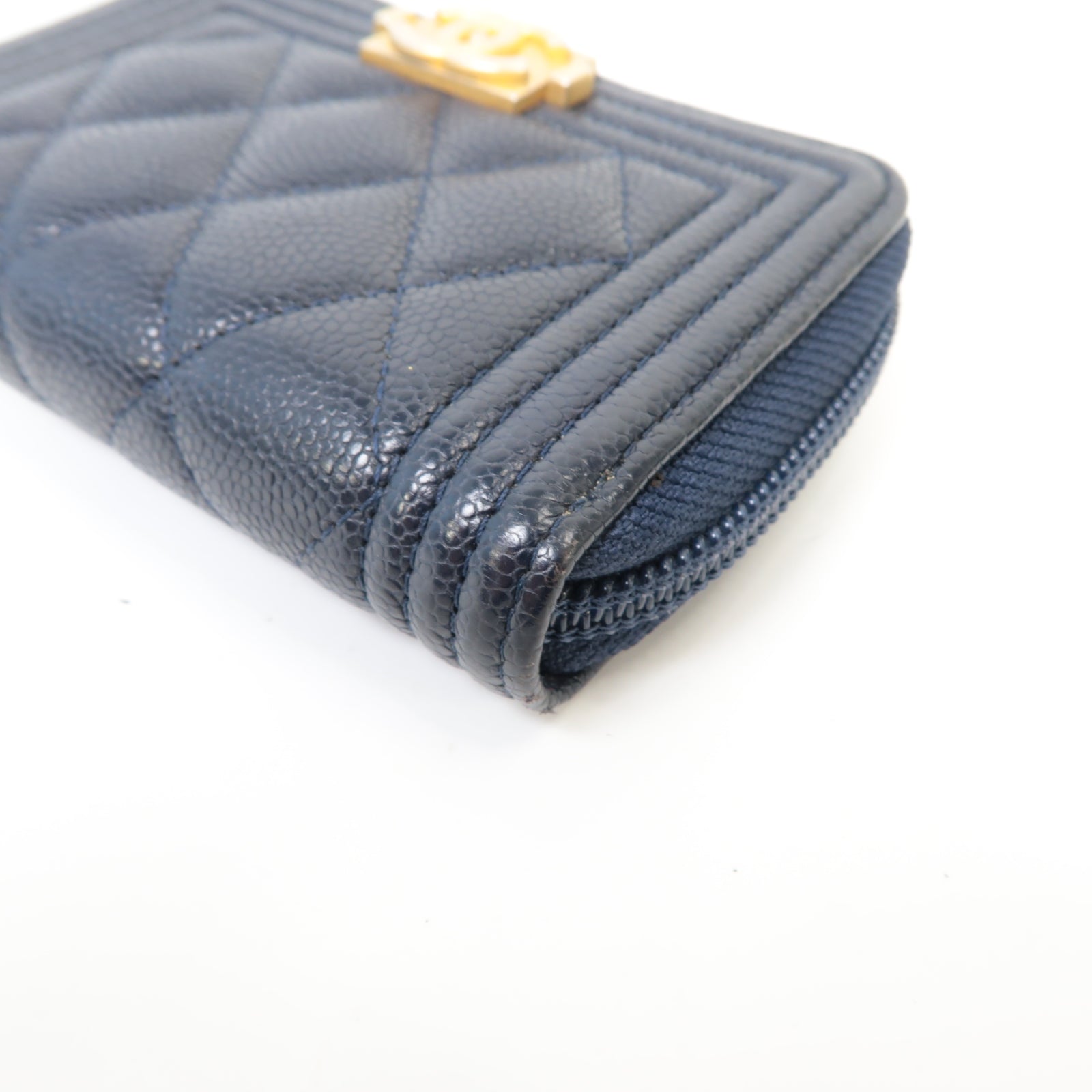 CHANEL 【激減優惠】菱格Caviar皮革Boy Coin Purse金扣零錢包深藍色