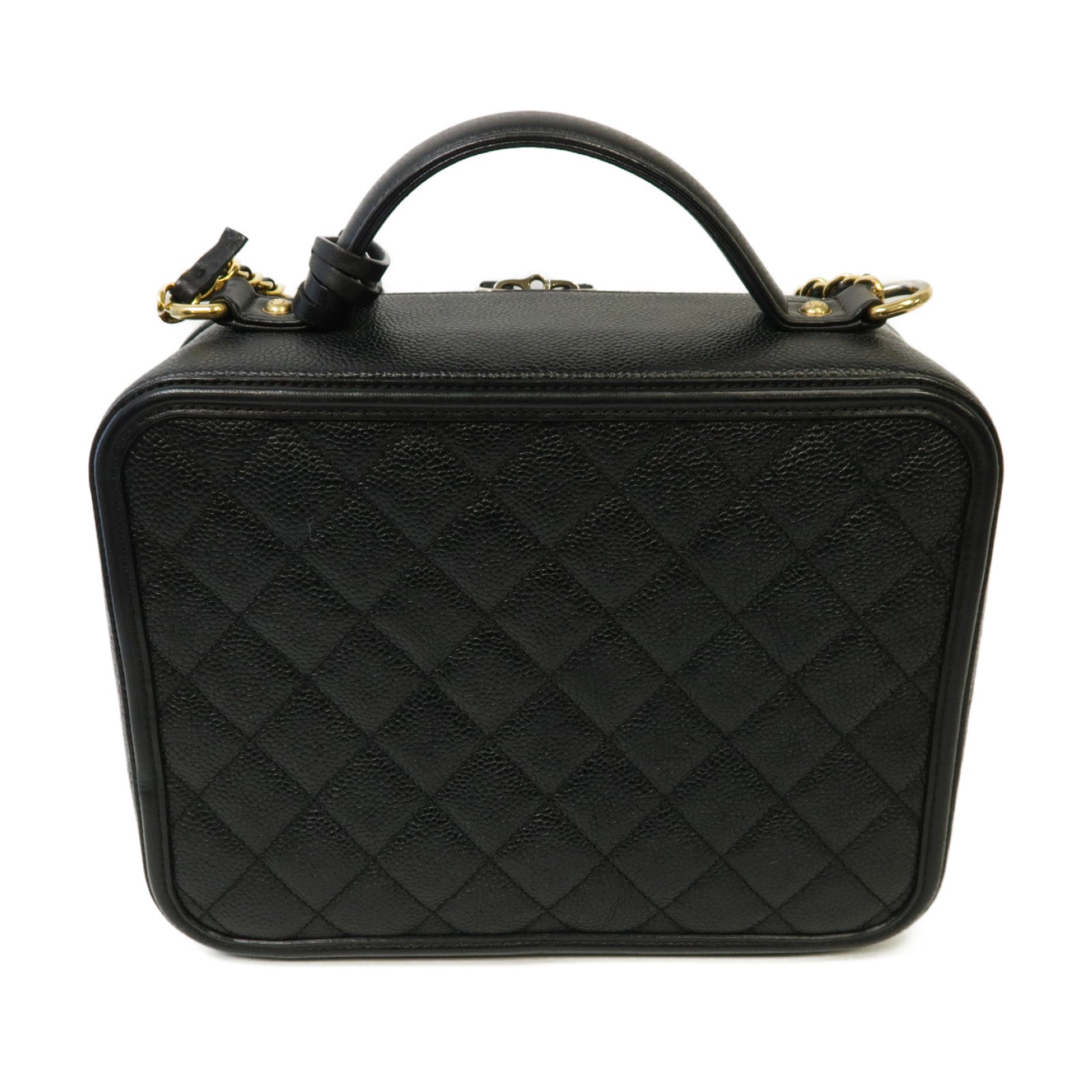 CHANEL 菱格Caviar皮革Filigree Vanity Case金扣手挽肩背兩用袋黑色