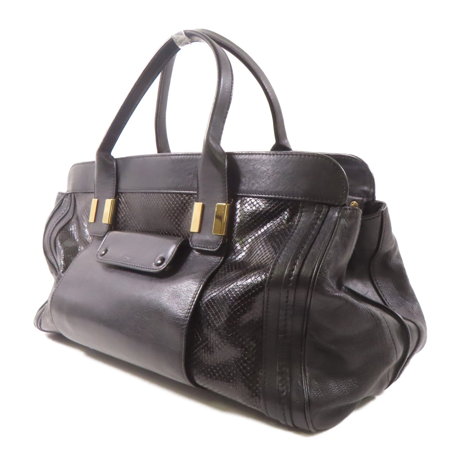 Chloe 牛皮皮革/蛇皮皮革Tote Bag金扣手挽袋黑色
