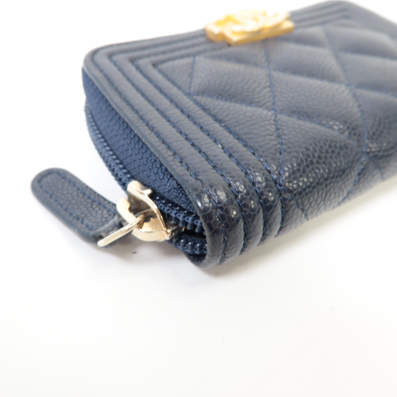 CHANEL 【激減優惠】菱格Caviar皮革Boy Coin Purse金扣零錢包深藍色