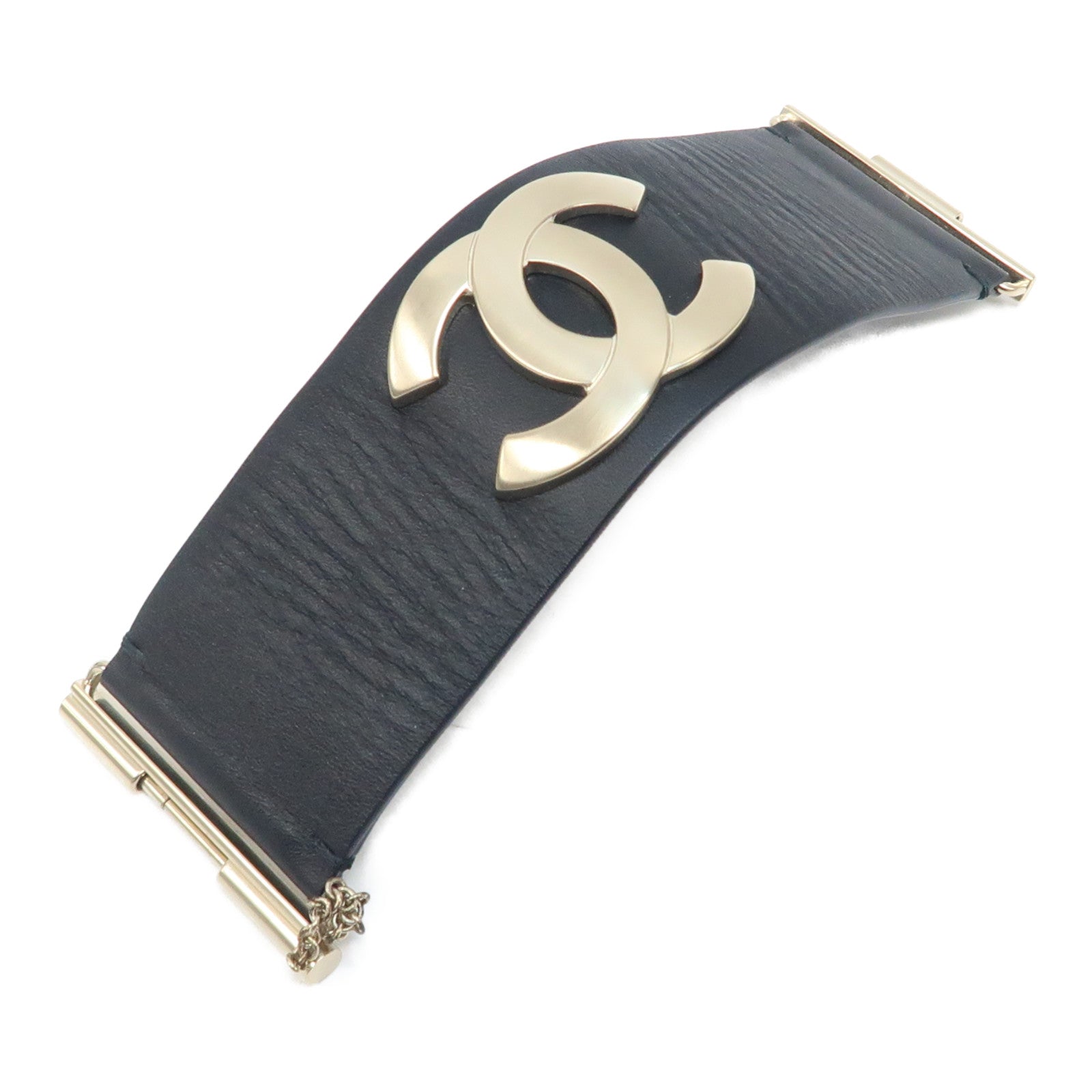 CHANEL 牛皮皮革Bangle銀扣手鐲黑色