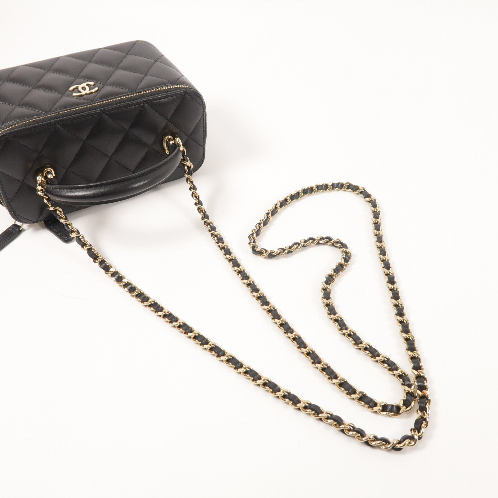 CHANEL 羊皮皮革Top Handle Vanity Case金扣鏈帶手挽肩背兩用袋