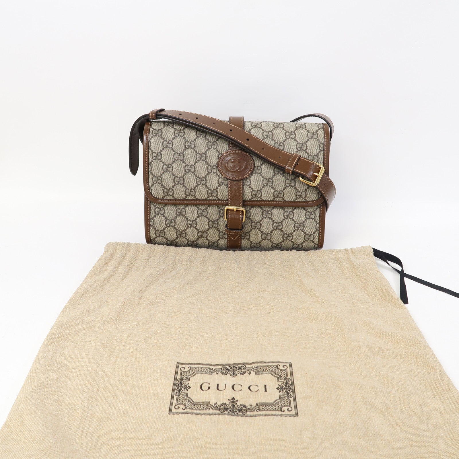 GUCCI 塗層帆布GG Supreme Interlocking金扣肩背袋啡色