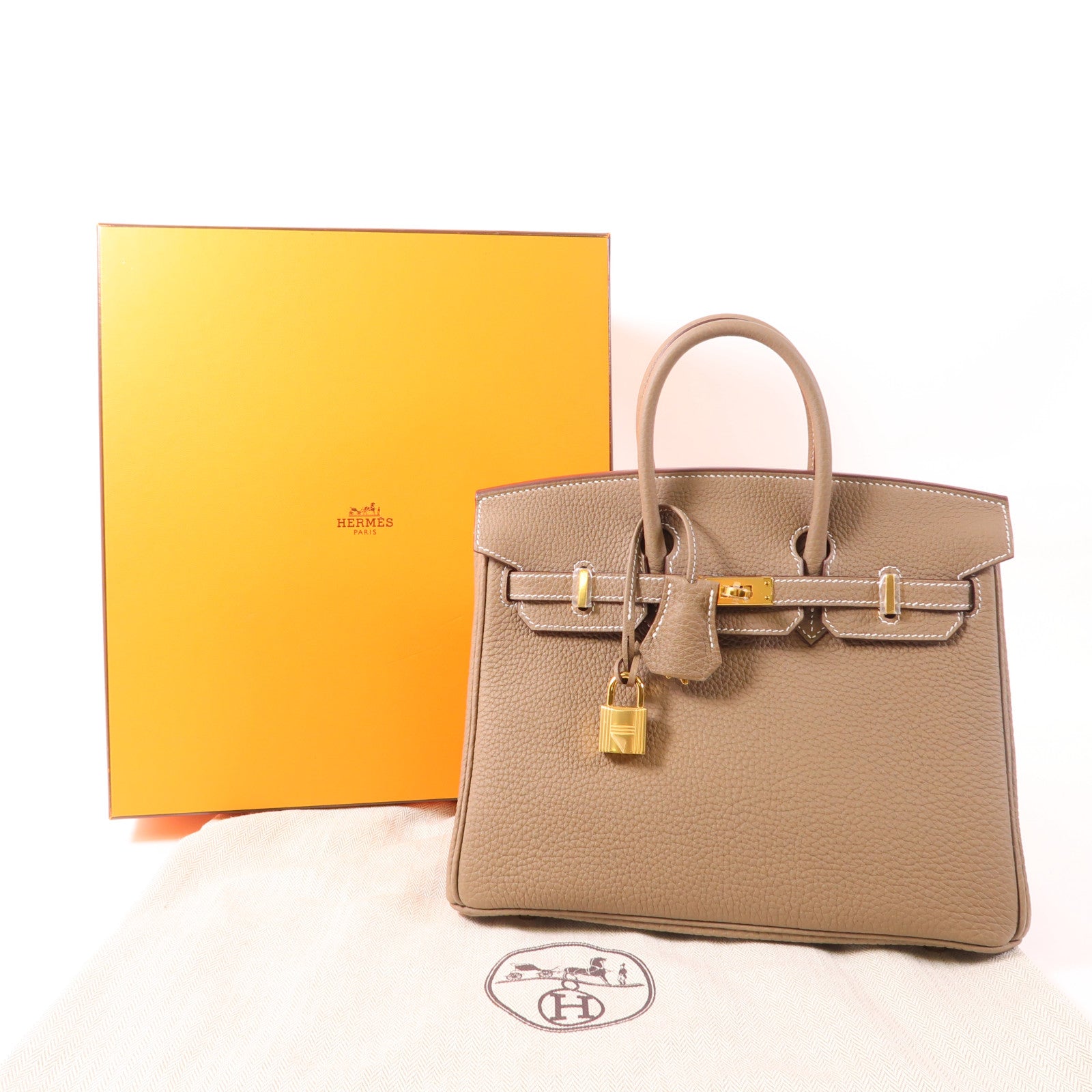HERMES Clemence皮革Birkin 25金扣手挽袋Etoupe大象灰色