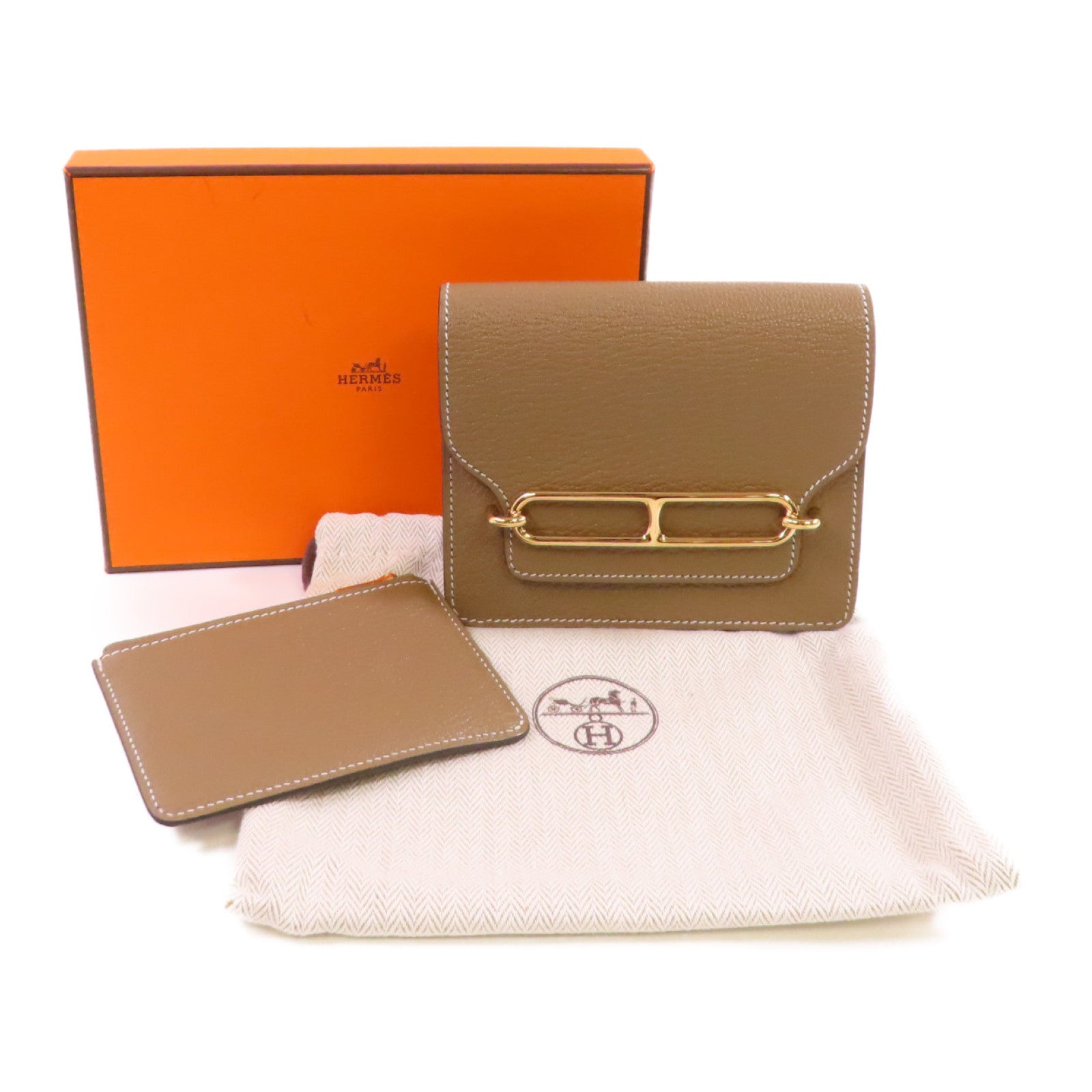 HERMES Chevre皮革Roulis Slim Wallet金扣短錢包18 Etoupe/大象灰色