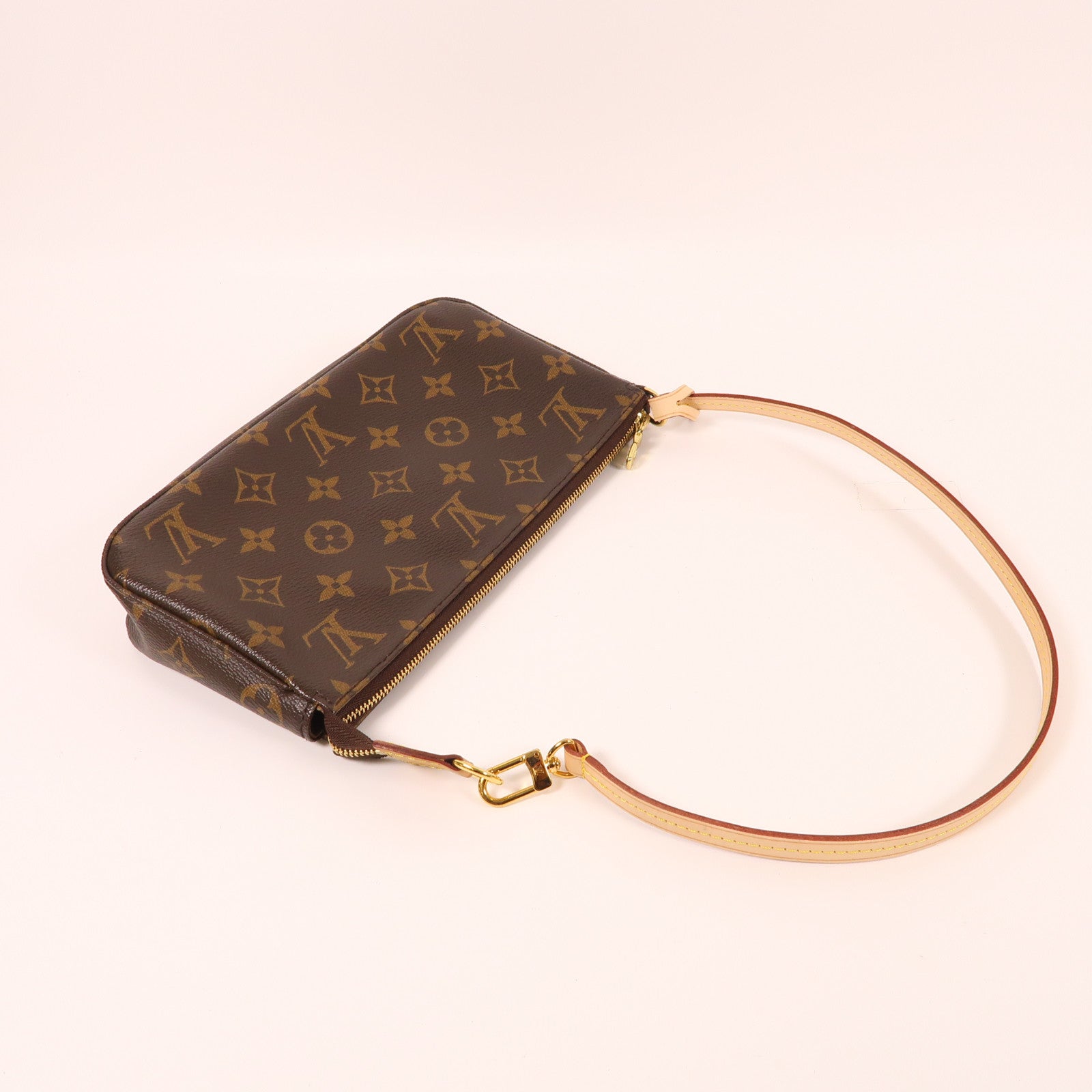 LOUIS VUITTON Monogram Pochette Accessoires金扣手挽袋棕色