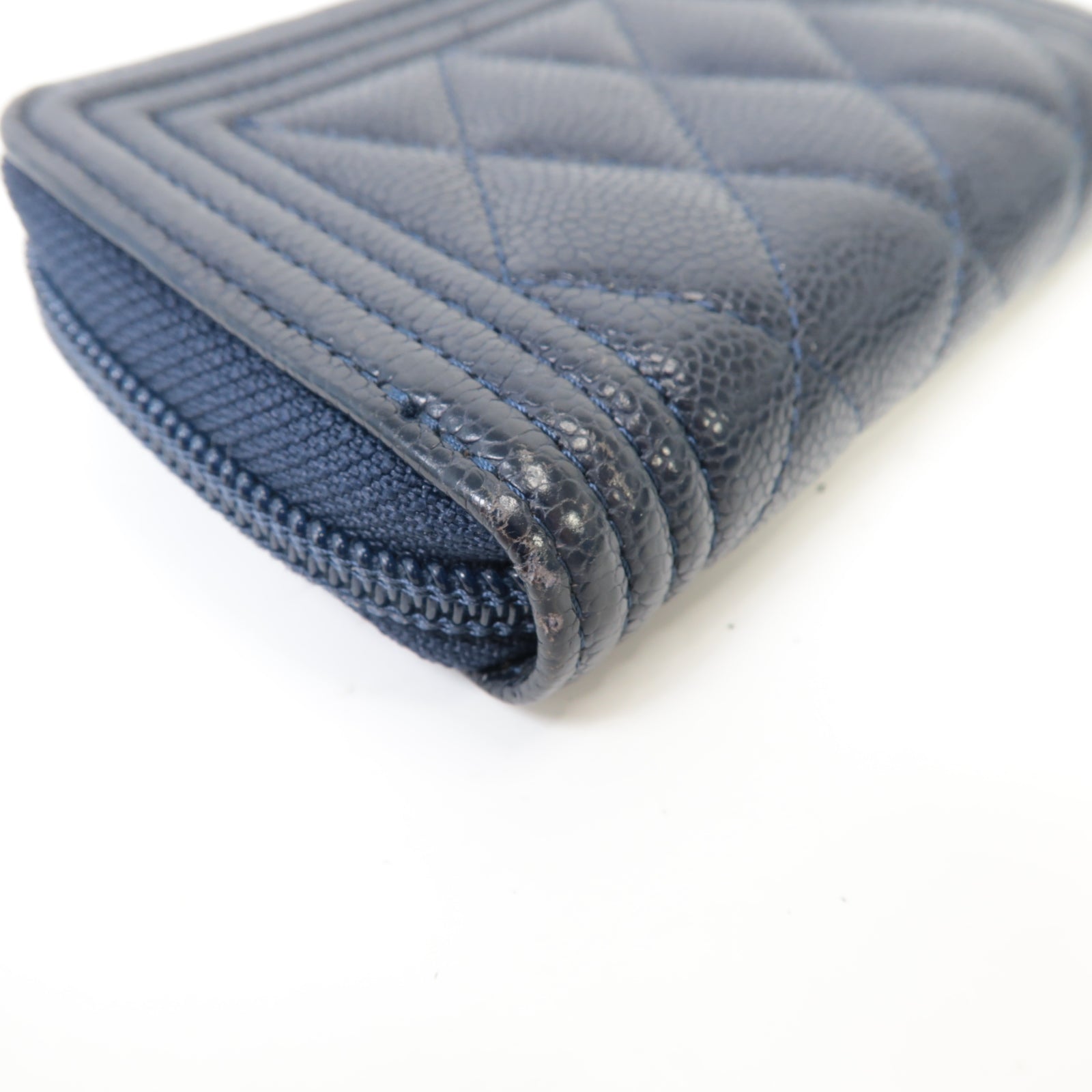 CHANEL 【激減優惠】菱格Caviar皮革Boy Coin Purse金扣零錢包深藍色