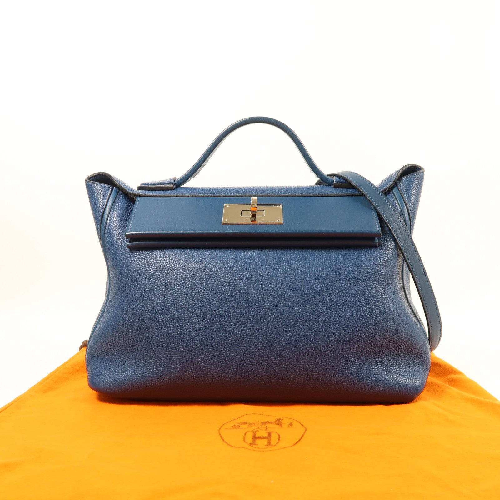 HERMES Clemence皮革24/24 29cm銀扣手挽肩背兩用袋Deep Bleu