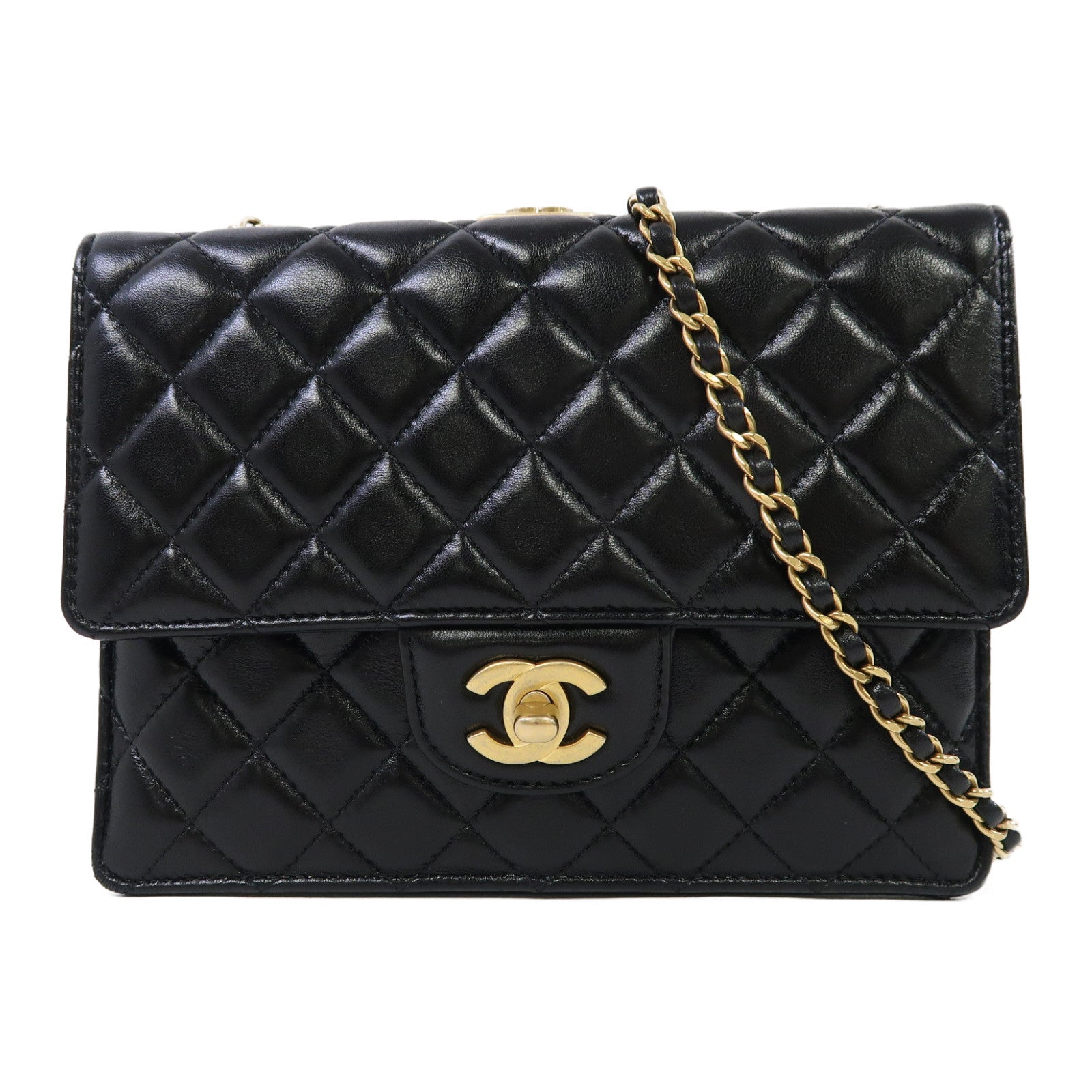 CHANEL 菱格牛皮皮革Chain Shoulder金扣鏈帶肩背袋黑色