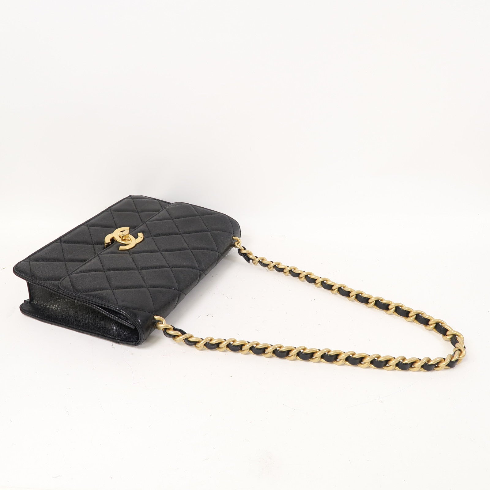 CHANEL 菱格牛皮皮革Shoulder Bag金扣鏈帶肩背袋黑色