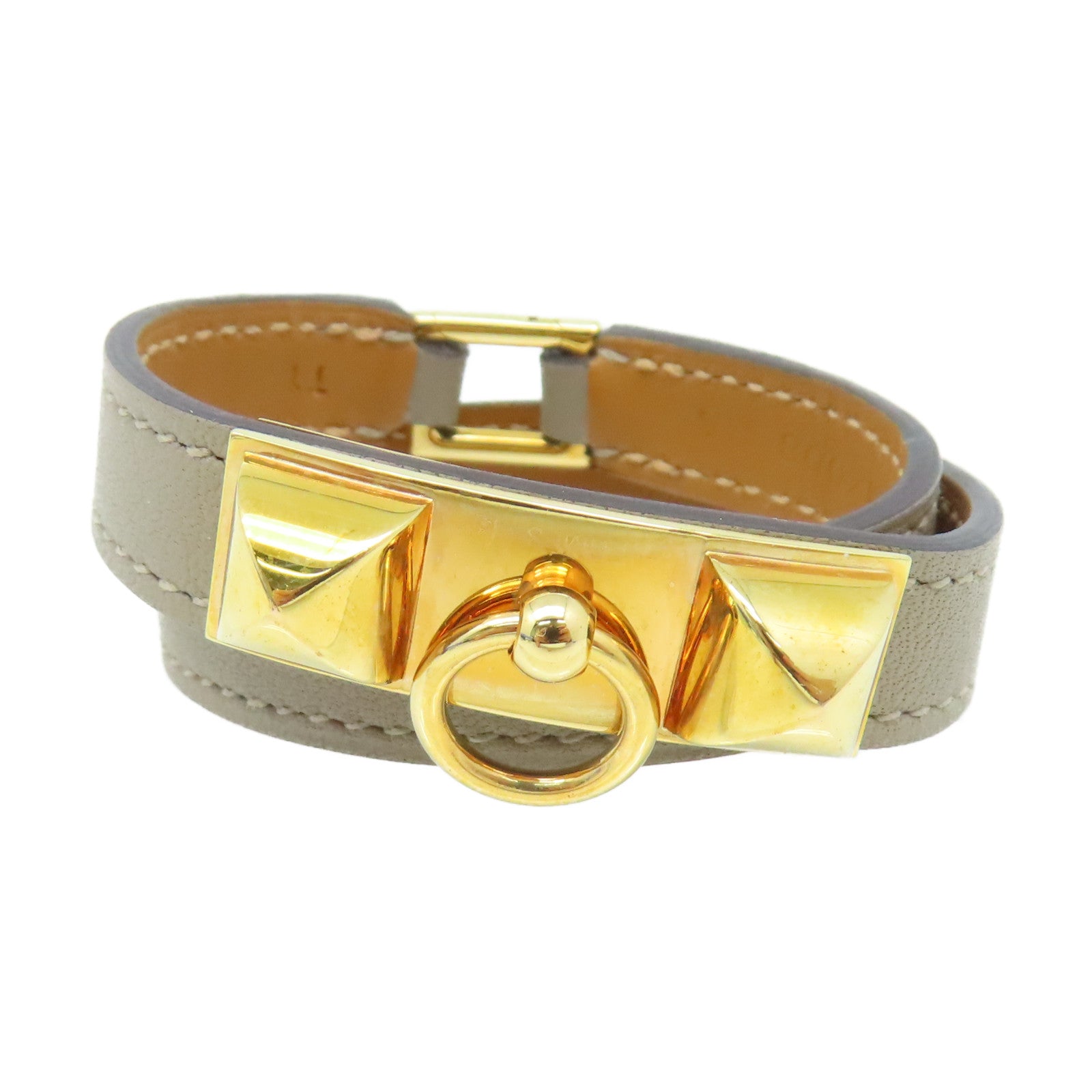 HERMES 【激減優惠】Swift皮革Rivale Double Tour Bracelet金扣手鏈金色/大象灰色