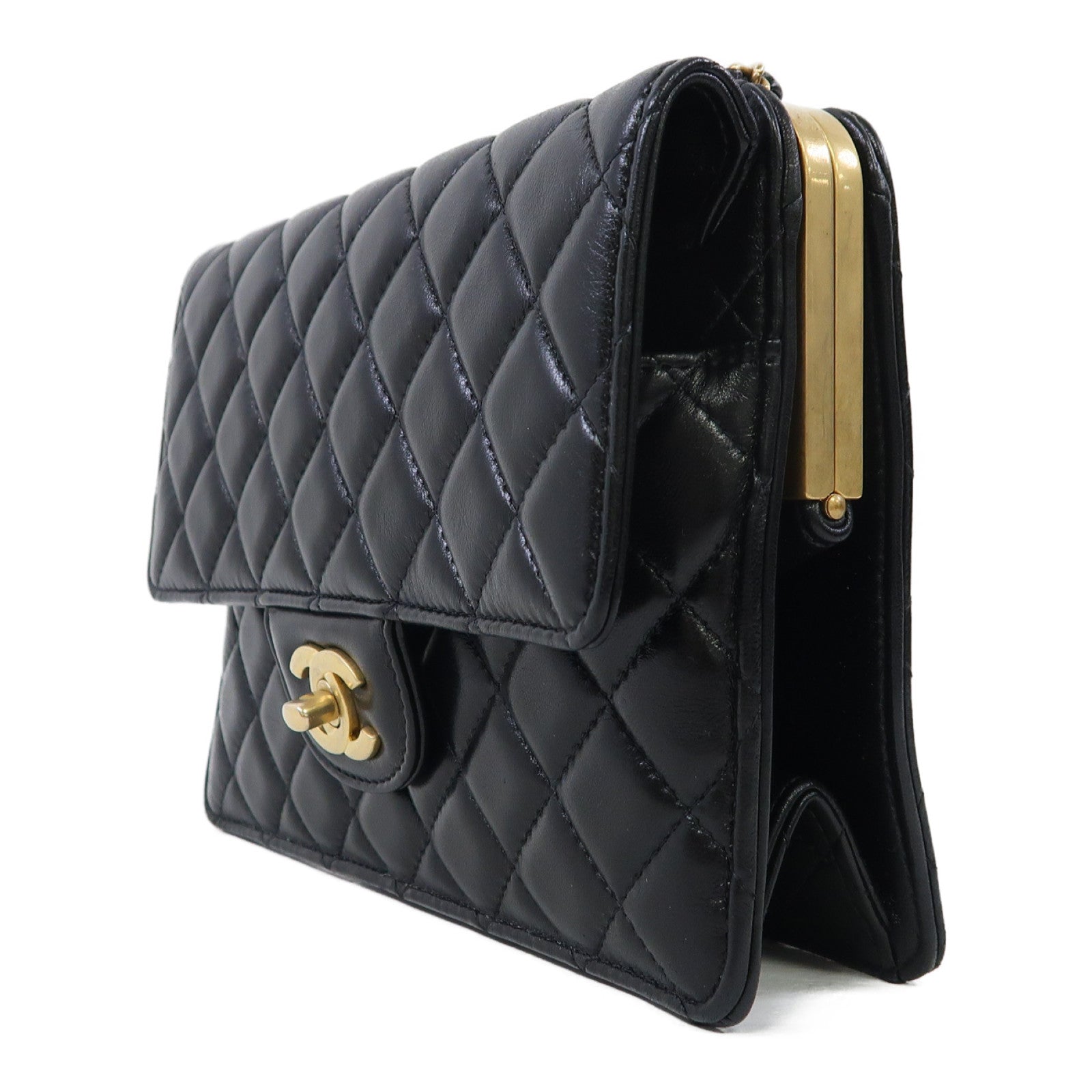 CHANEL 菱格牛皮皮革Chain Shoulder金扣鏈帶肩背袋黑色