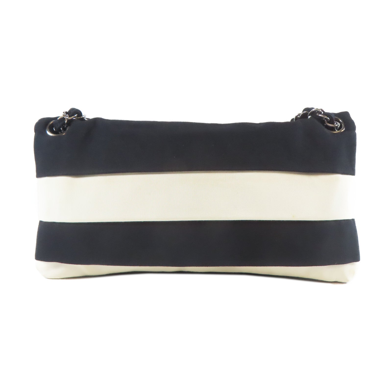 CHANEL 【激減優惠】帆布Chain Shoulder銀扣鏈帶肩背袋黑色/白色