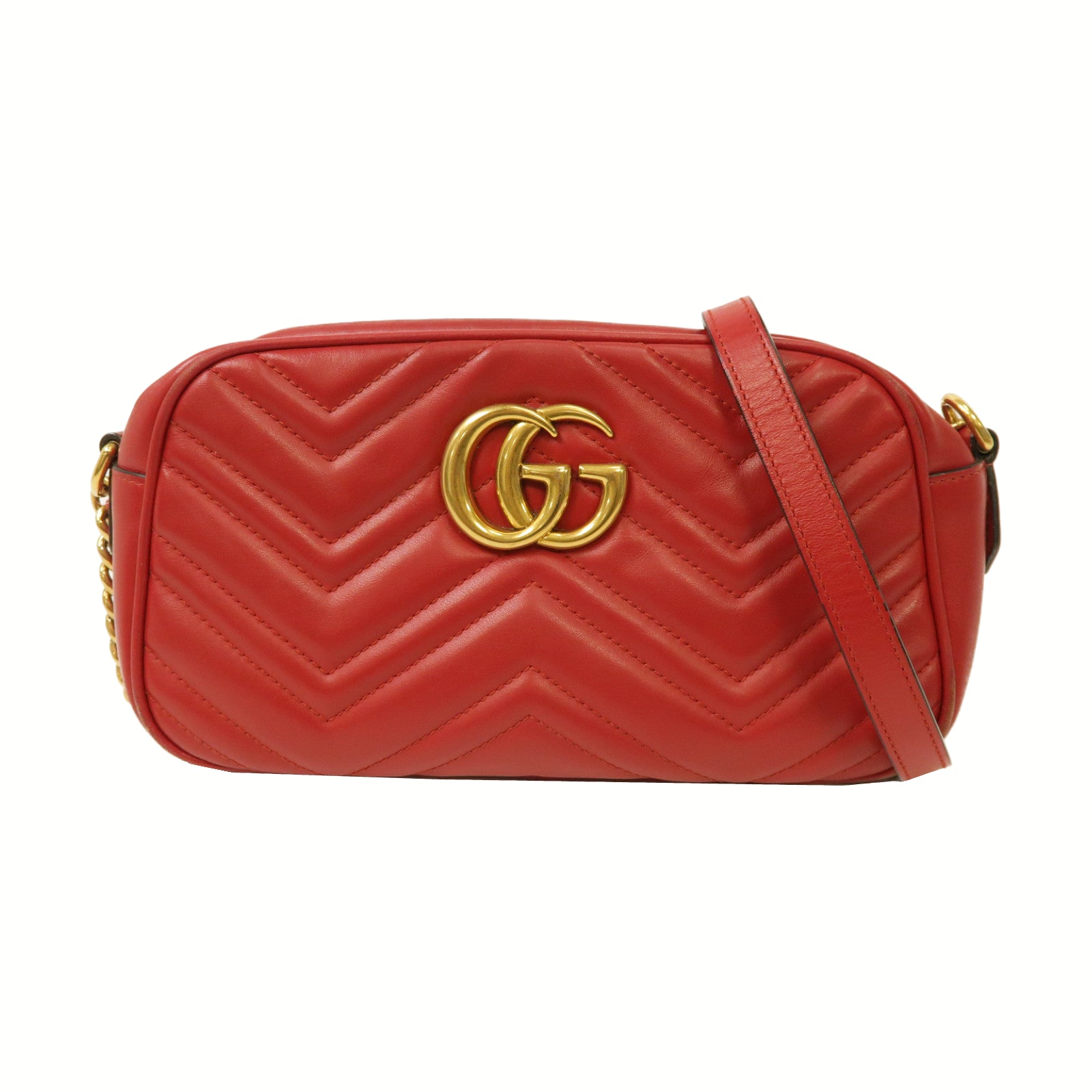GUCCI 牛皮皮革GG Marmont金扣鏈帶肩背袋紅色