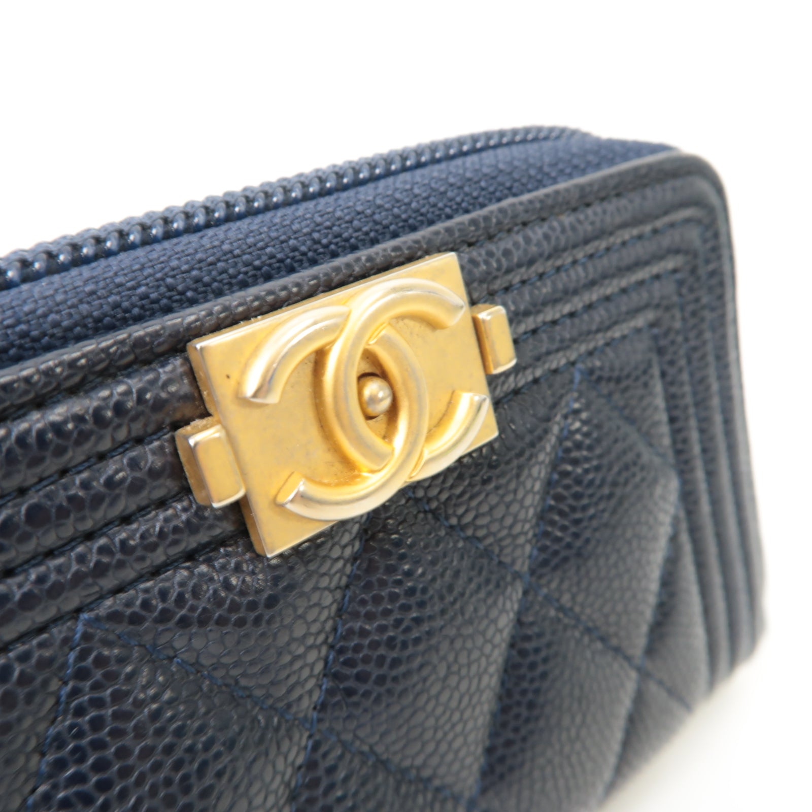 CHANEL 【激減優惠】菱格Caviar皮革Boy Coin Purse金扣零錢包深藍色