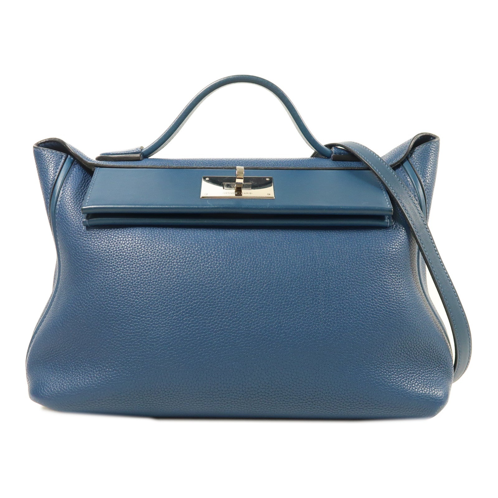 HERMES Clemence皮革24/24 29cm銀扣手挽肩背兩用袋Deep Bleu